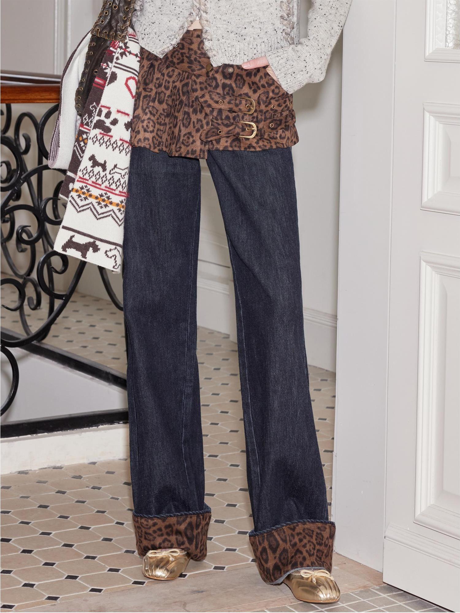 2th Desire Flared Patchwork Leopard Check Lace Flare Jeans With Detachable Skirt