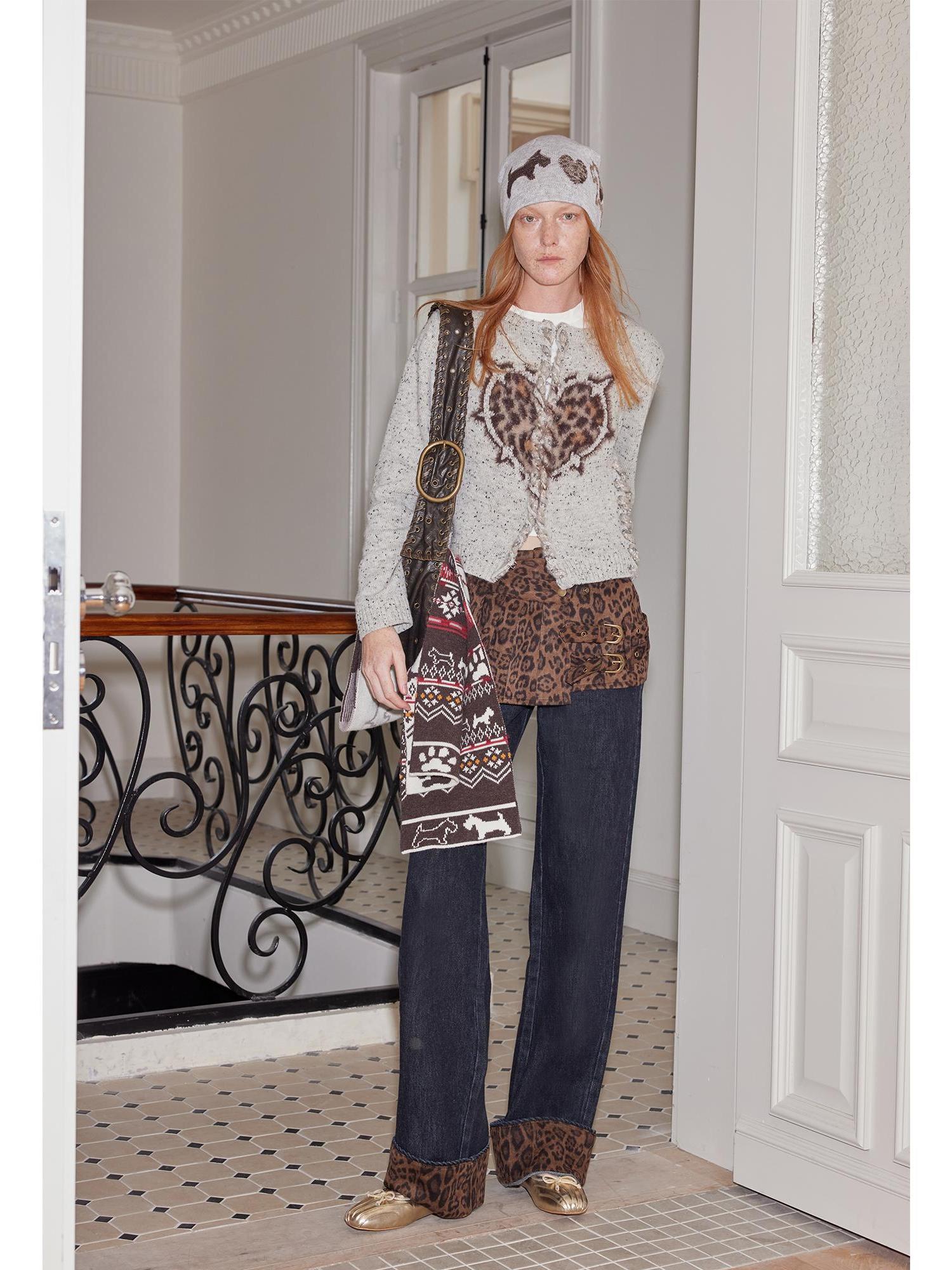 2th Desire Flared Patchwork Leopard Check Lace Flare Jeans With Detachable Skirt