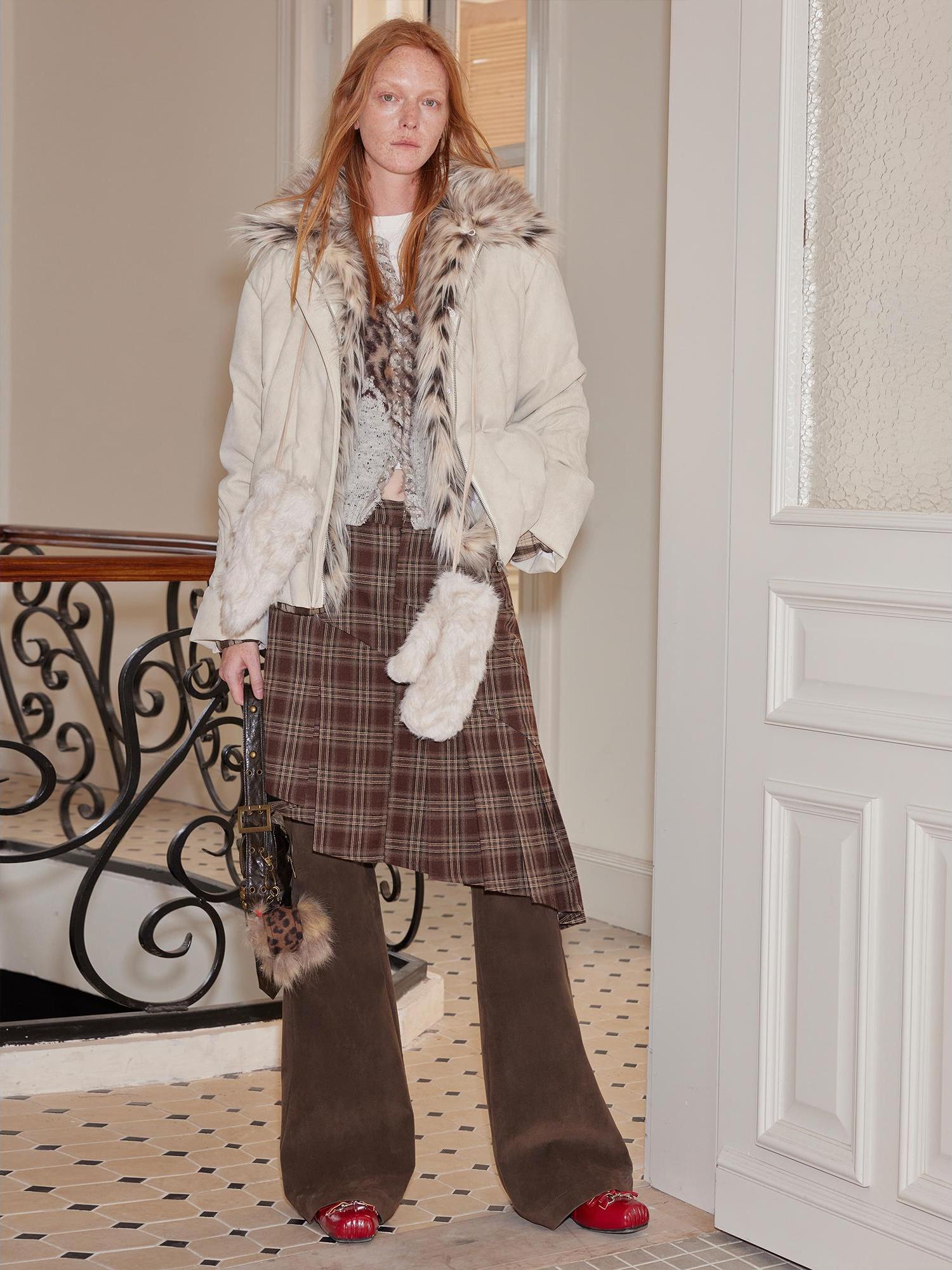 2th Desire Flared Suede Skirt Pants With Plaid Layered Design