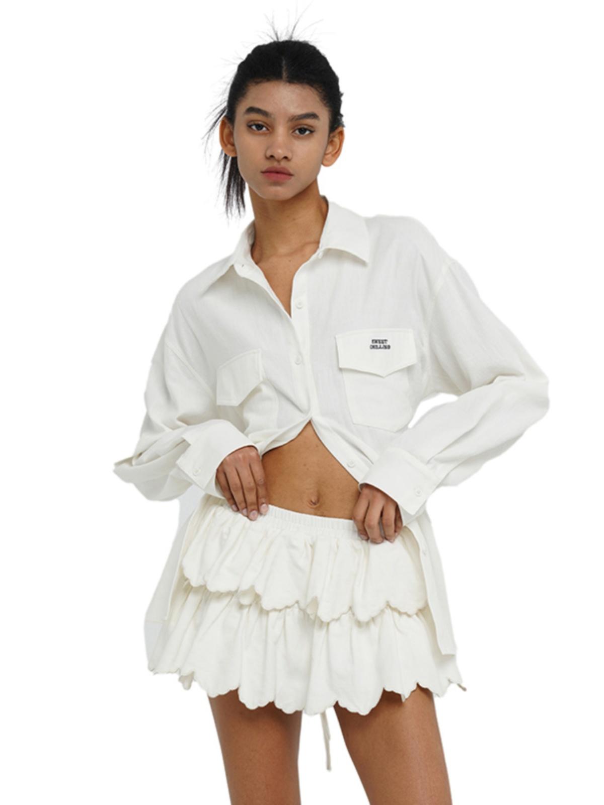SweetChilling Flirty American Girl Cotton Linen Shirt & Cake Skirt Set