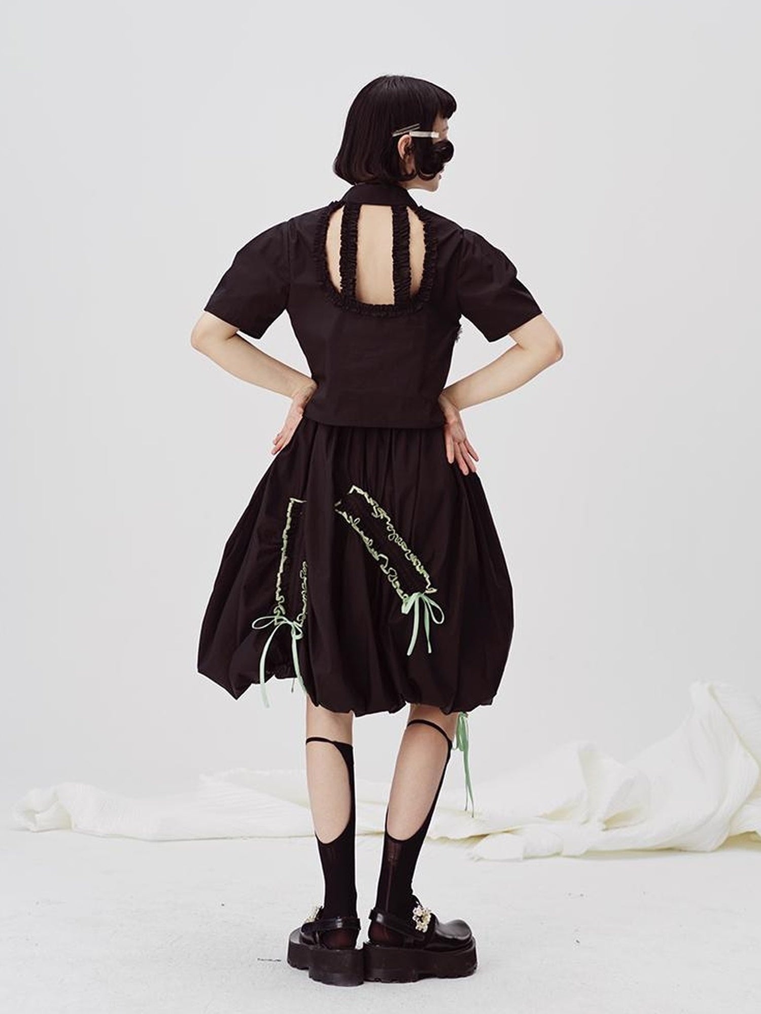 DIDDI MODA Floral Contrast Hem Asymmetrical Ruffle Midi Skirt