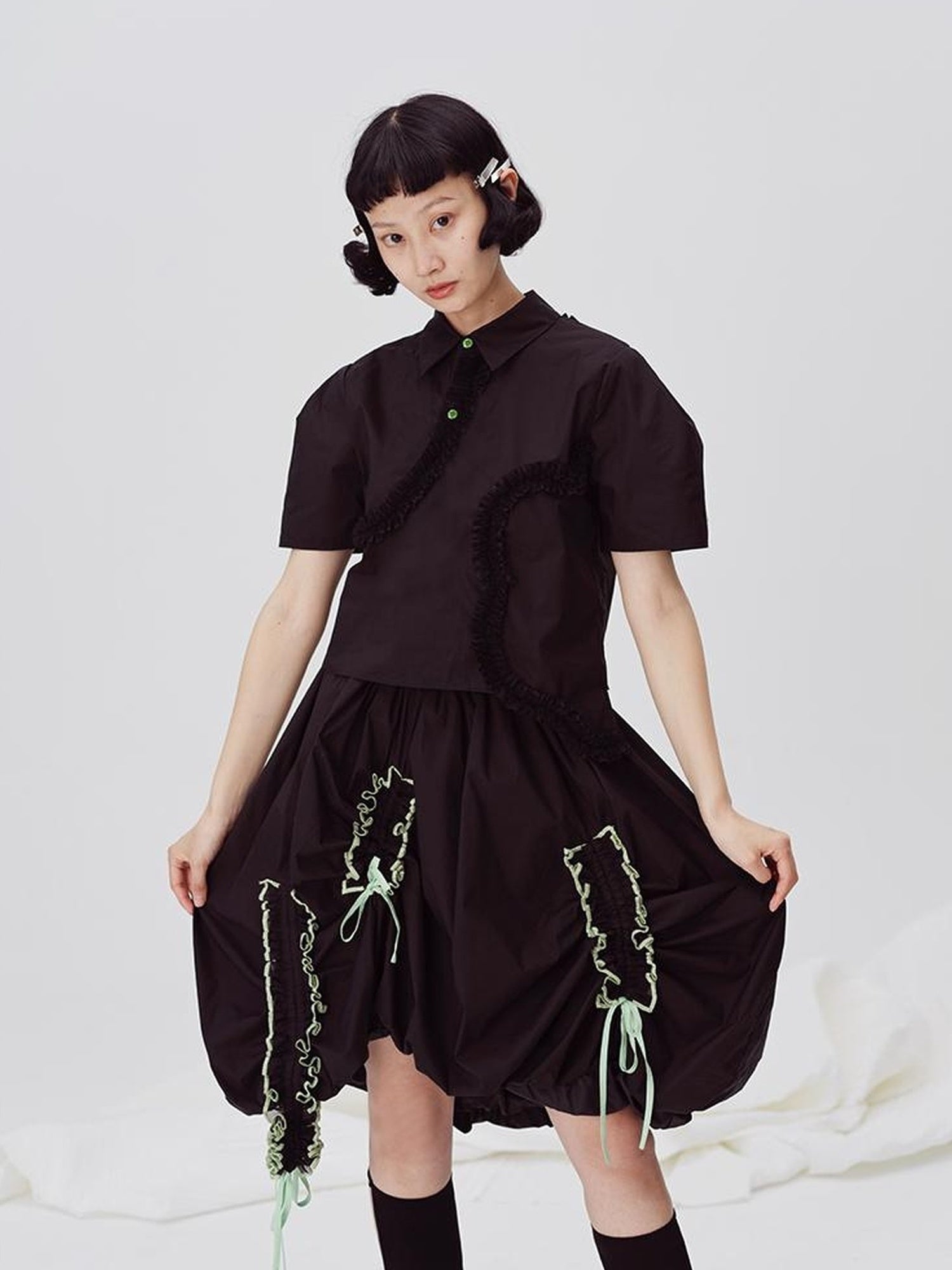 DIDDI MODA Floral Contrast Hem Asymmetrical Ruffle Midi Skirt