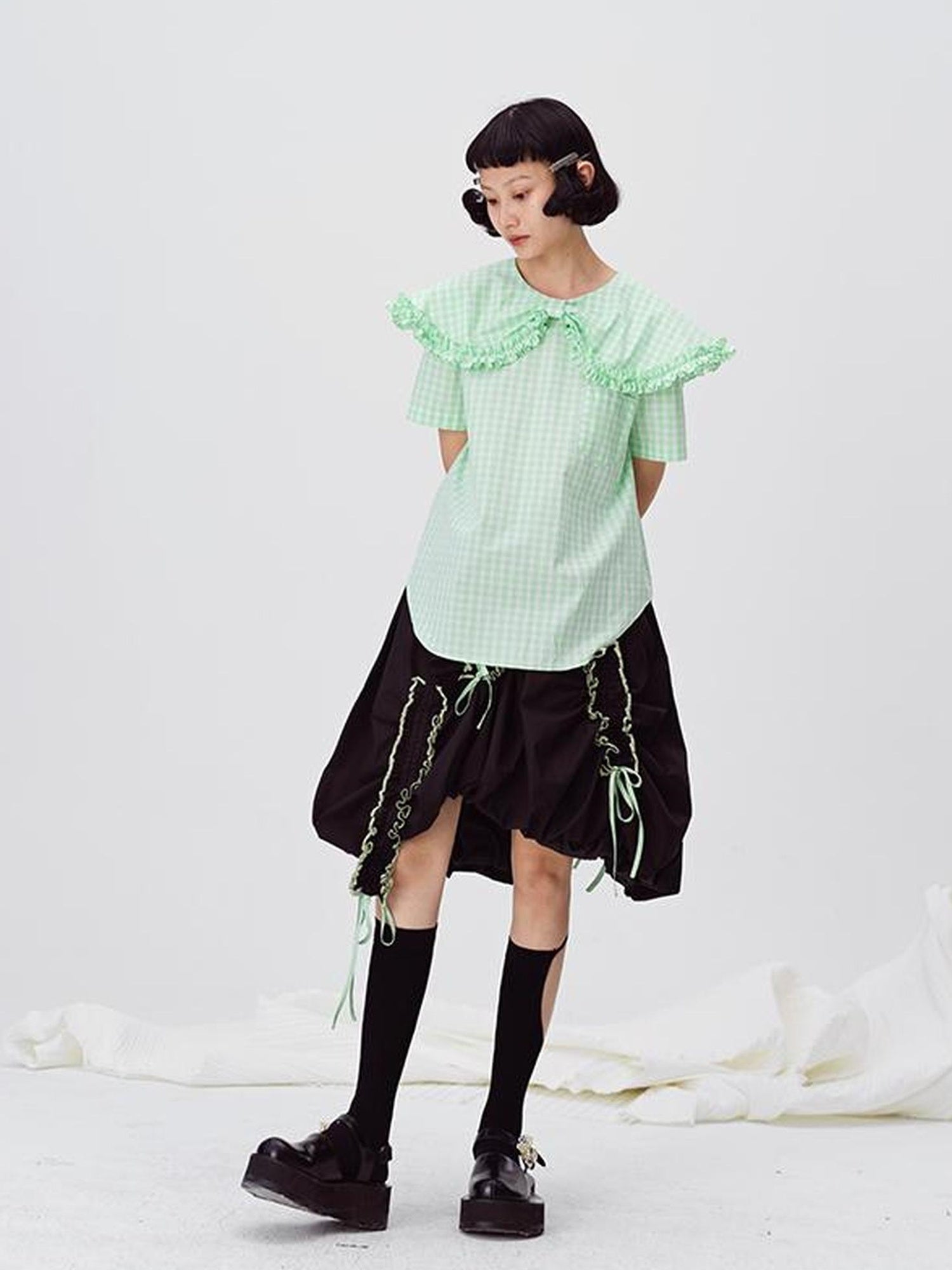 DIDDI MODA Floral Contrast Hem Asymmetrical Ruffle Midi Skirt