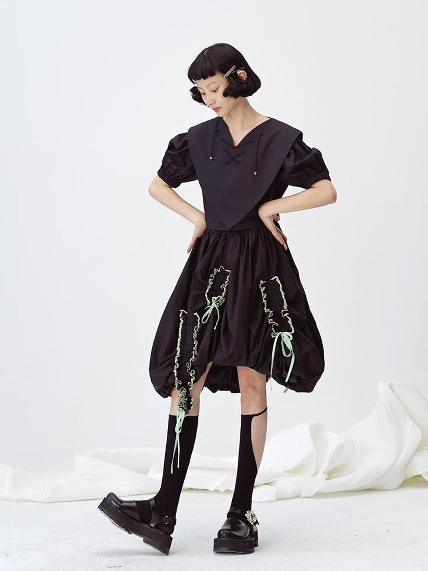 DIDDI MODA Floral Contrast Hem Asymmetrical Ruffle Midi Skirt
