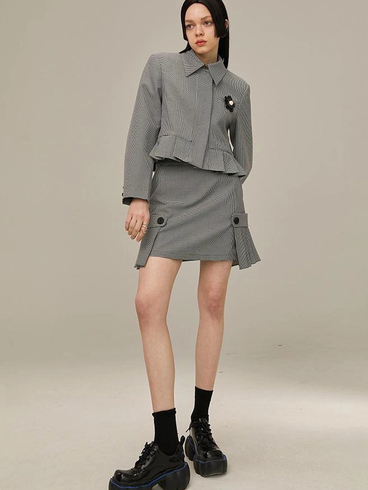 Floral Detachable Brooch Blazer Skirt Set