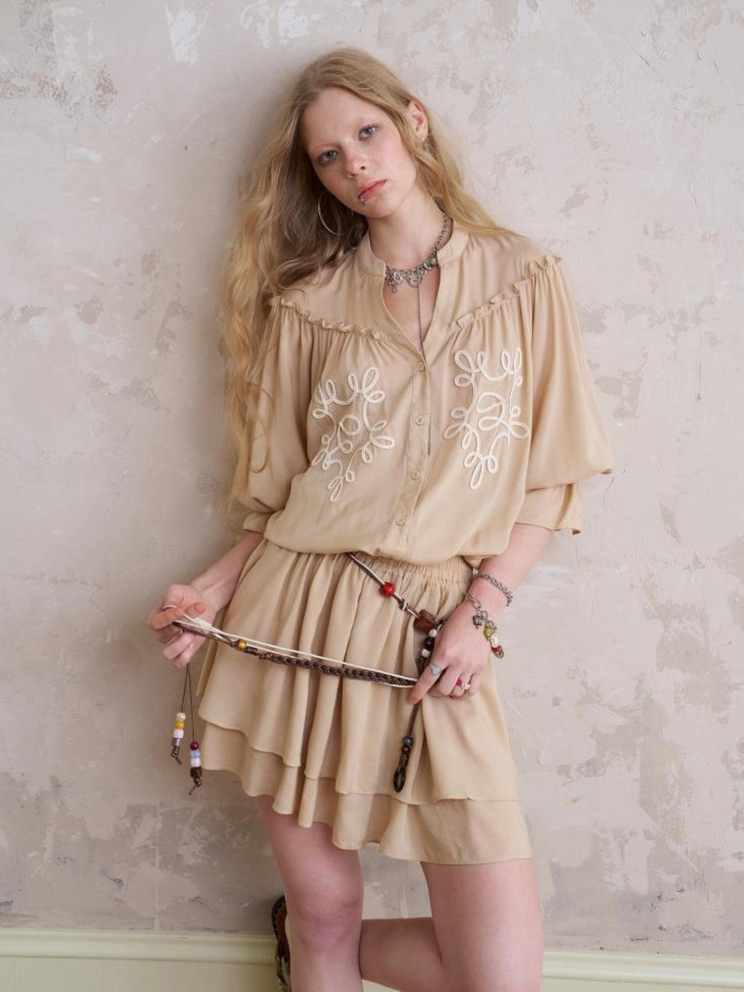 DIDDI MODA Floral Embroidered Lace Trim A Line Dress