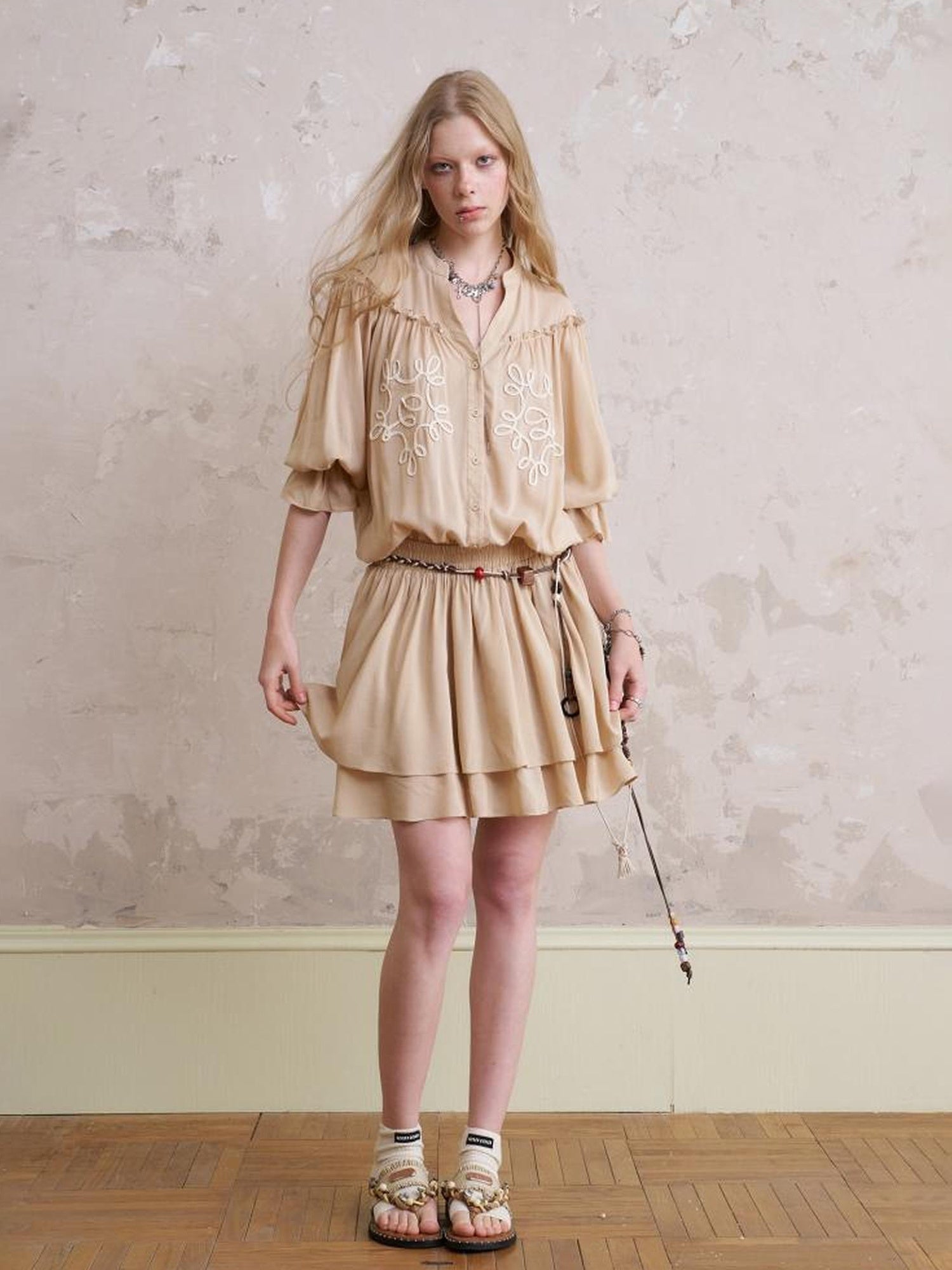 DIDDI MODA Floral Embroidered Lace Trim A Line Dress