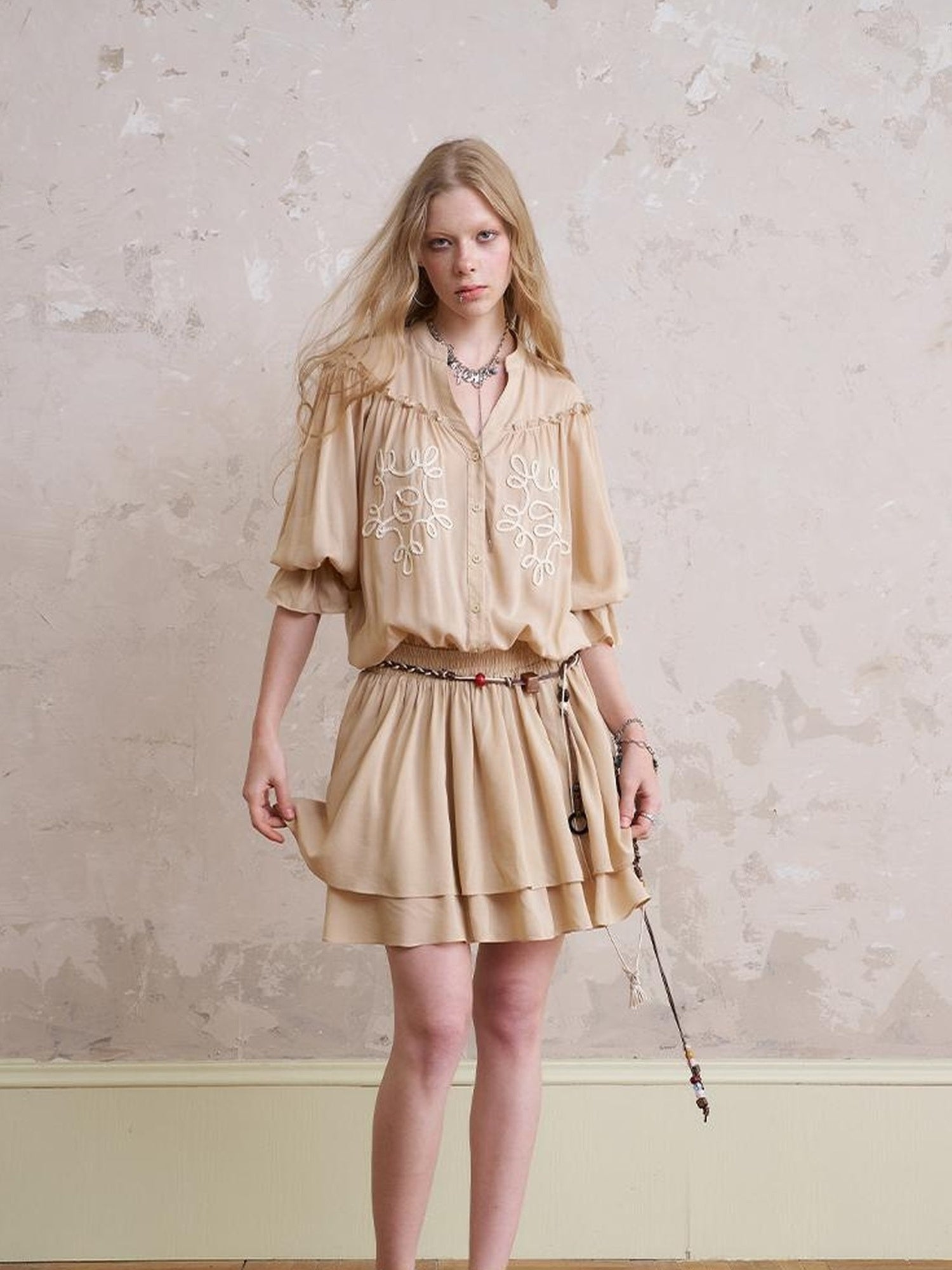 DIDDI MODA Floral Embroidered Lace Trim A Line Dress