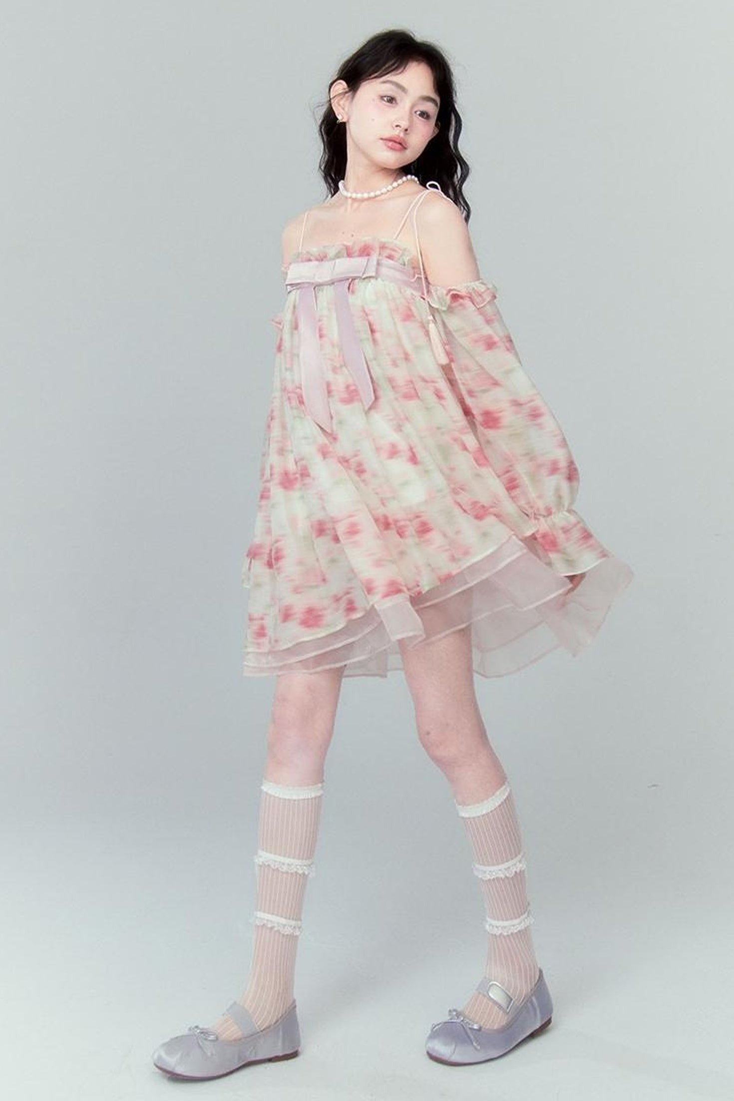 DIDDI MODA Floral Lace Bow Asymmetrical Hem Dress