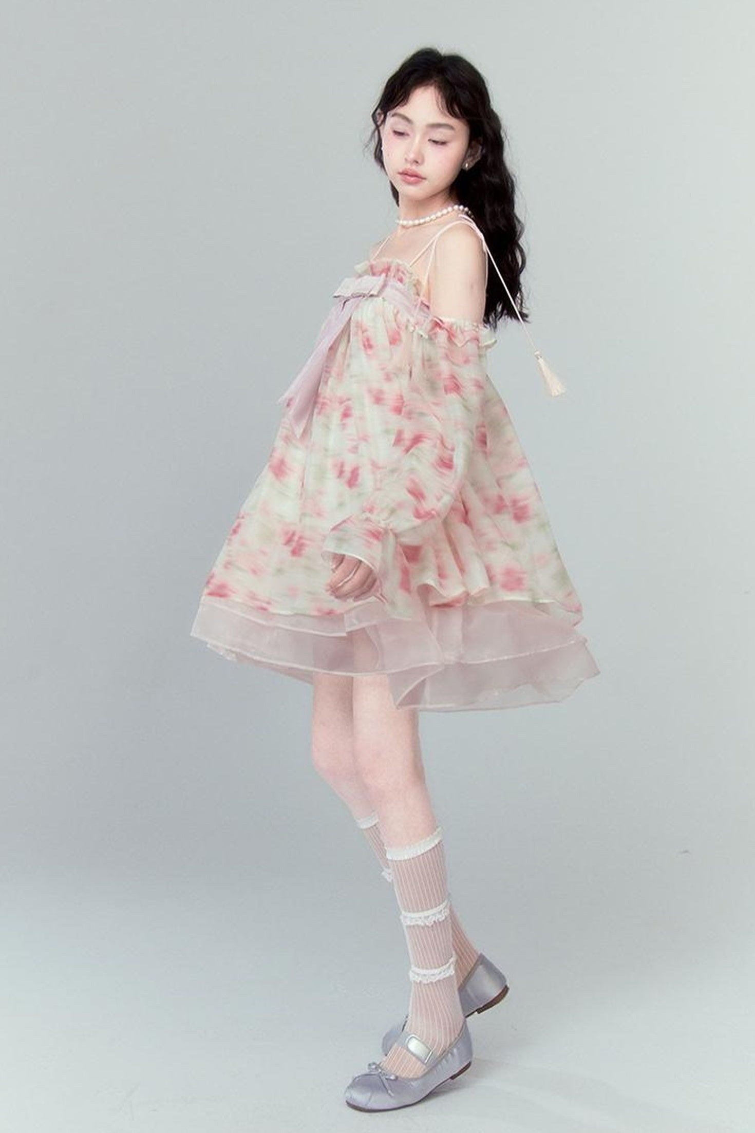 DIDDI MODA Floral Lace Bow Asymmetrical Hem Dress