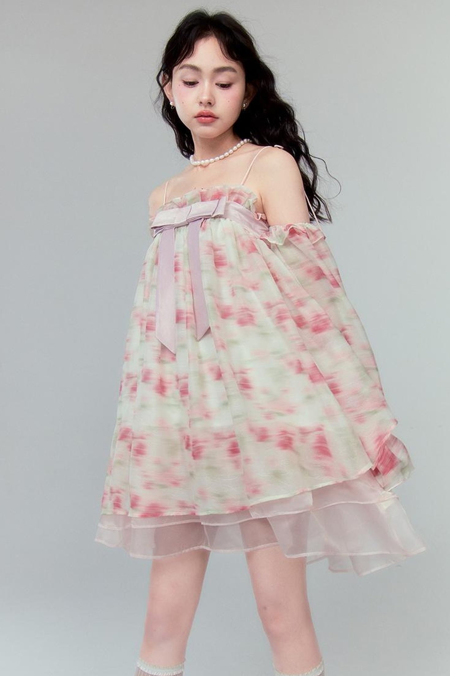 DIDDI MODA Floral Lace Bow Asymmetrical Hem Dress