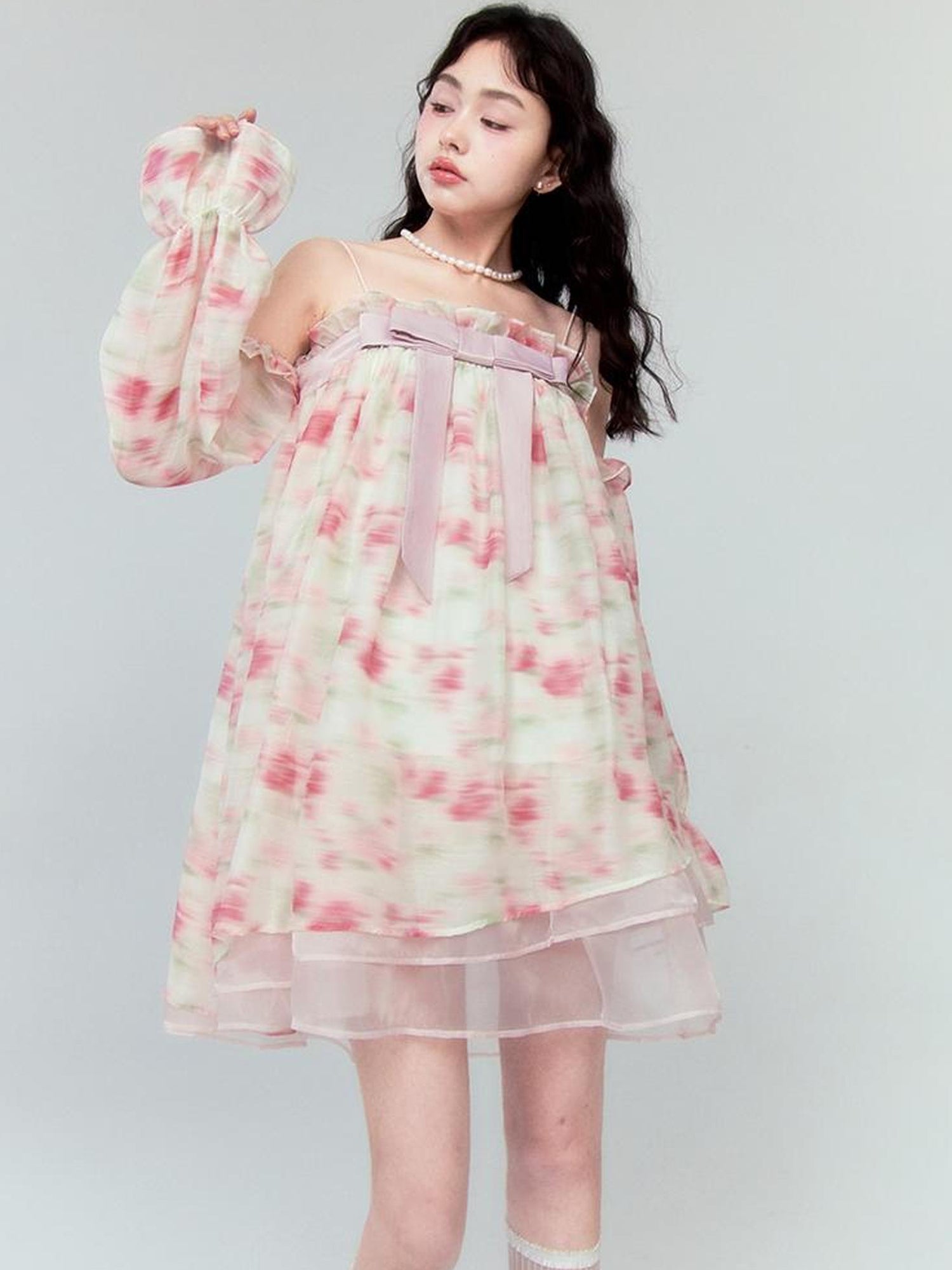 DIDDI MODA Floral Lace Bow Asymmetrical Hem Dress