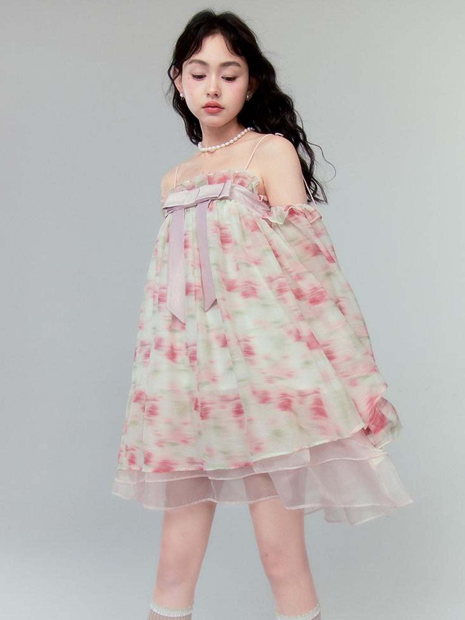 DIDDI MODA Floral Lace Bow Asymmetrical Hem Dress