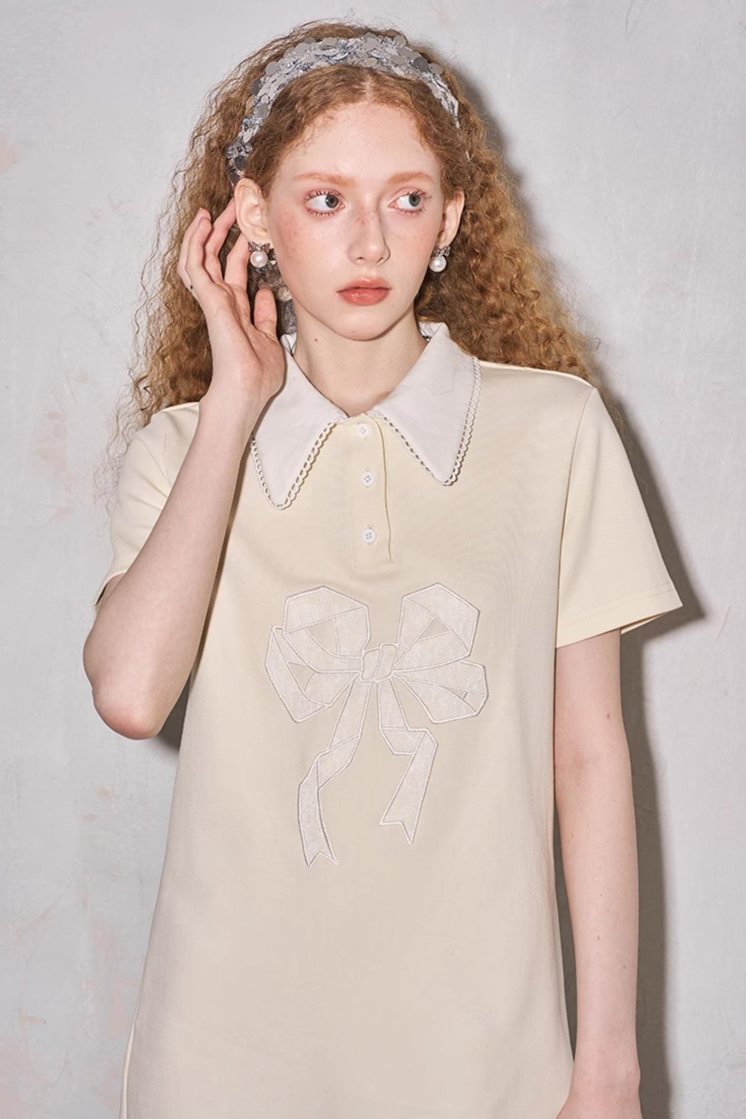 DIDDI MODA Floral Lace Bow Polo Collar Summer Dress