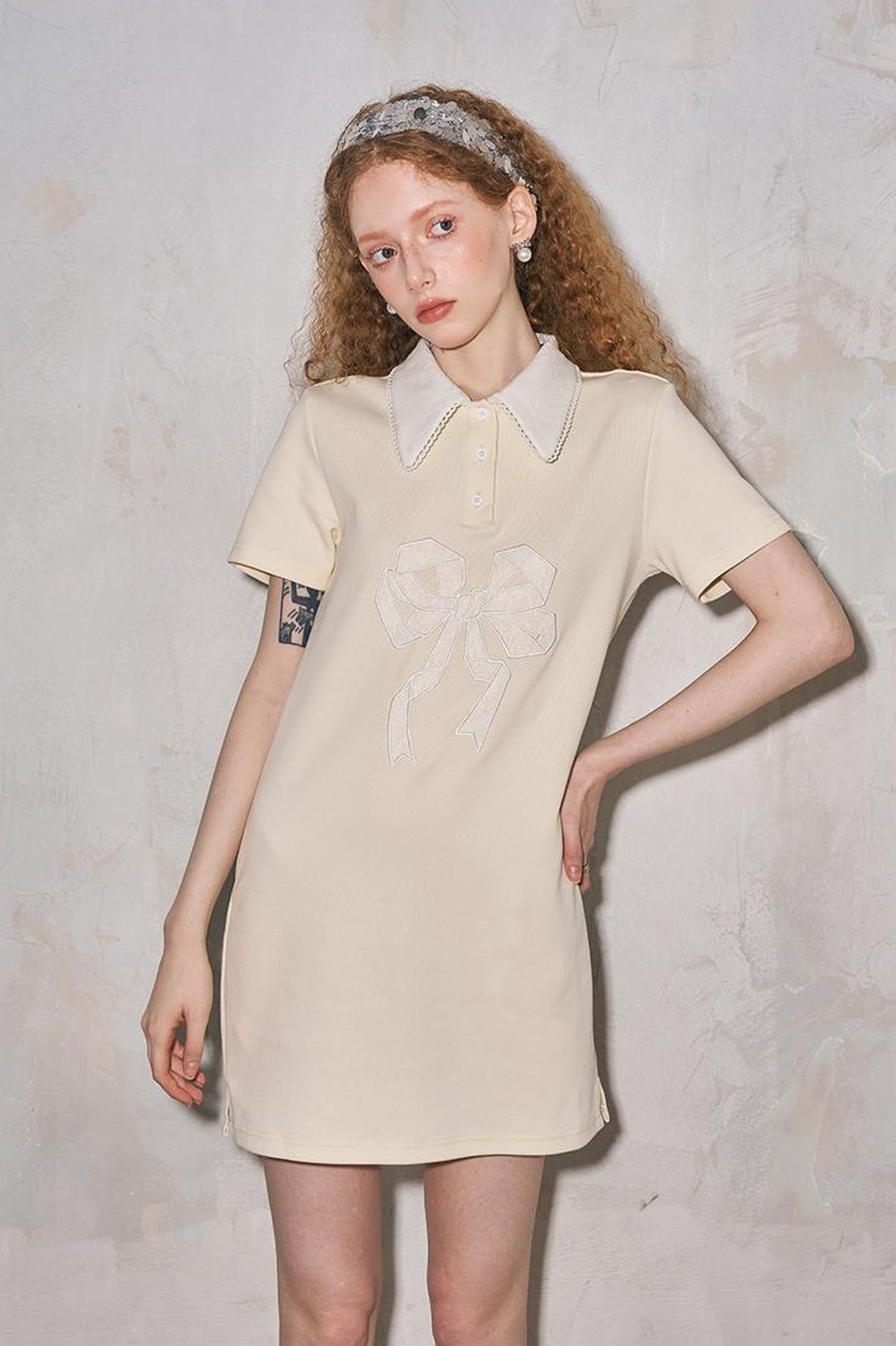 DIDDI MODA Floral Lace Bow Polo Collar Summer Dress