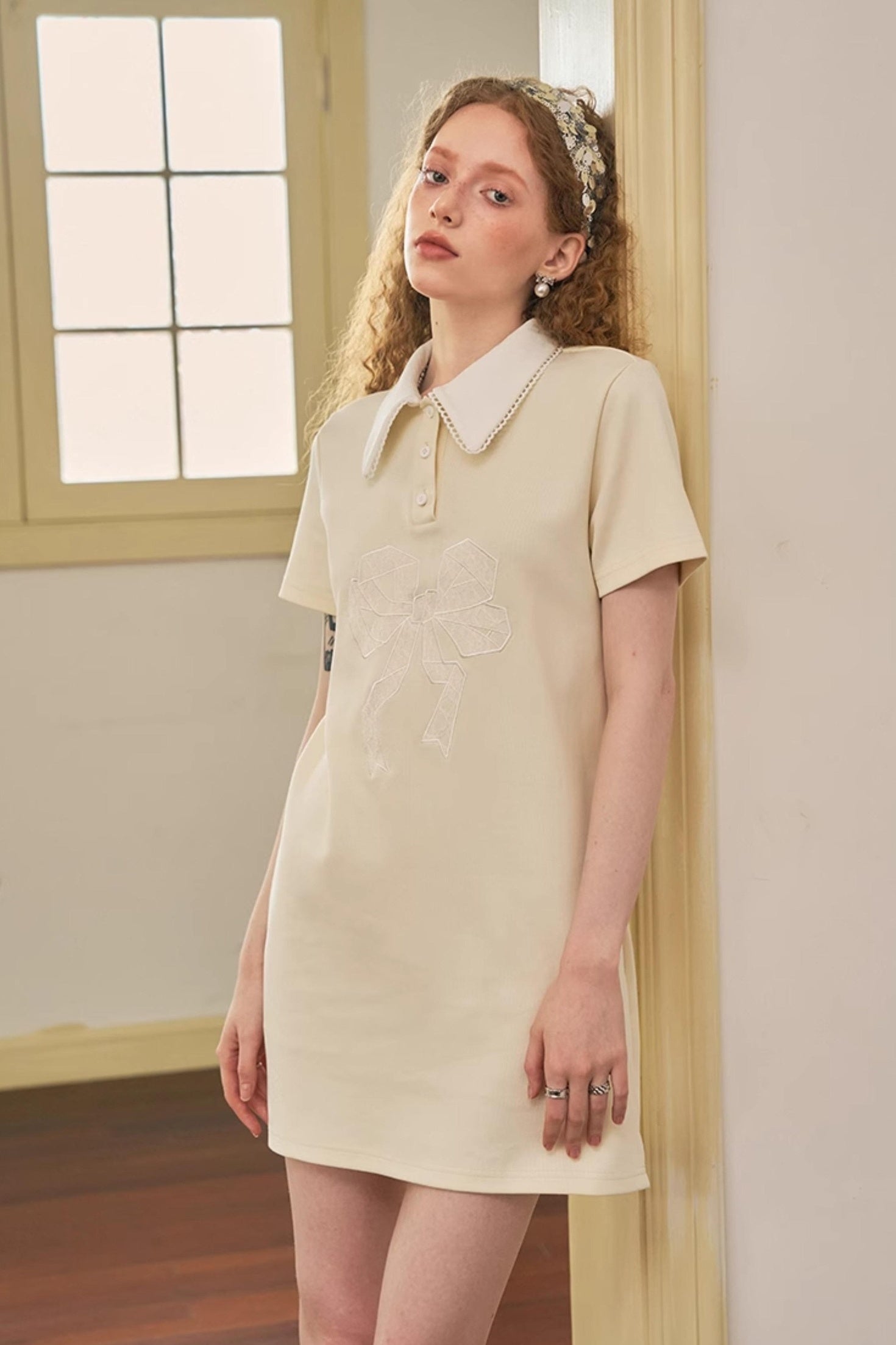 DIDDI MODA Floral Lace Bow Polo Collar Summer Dress