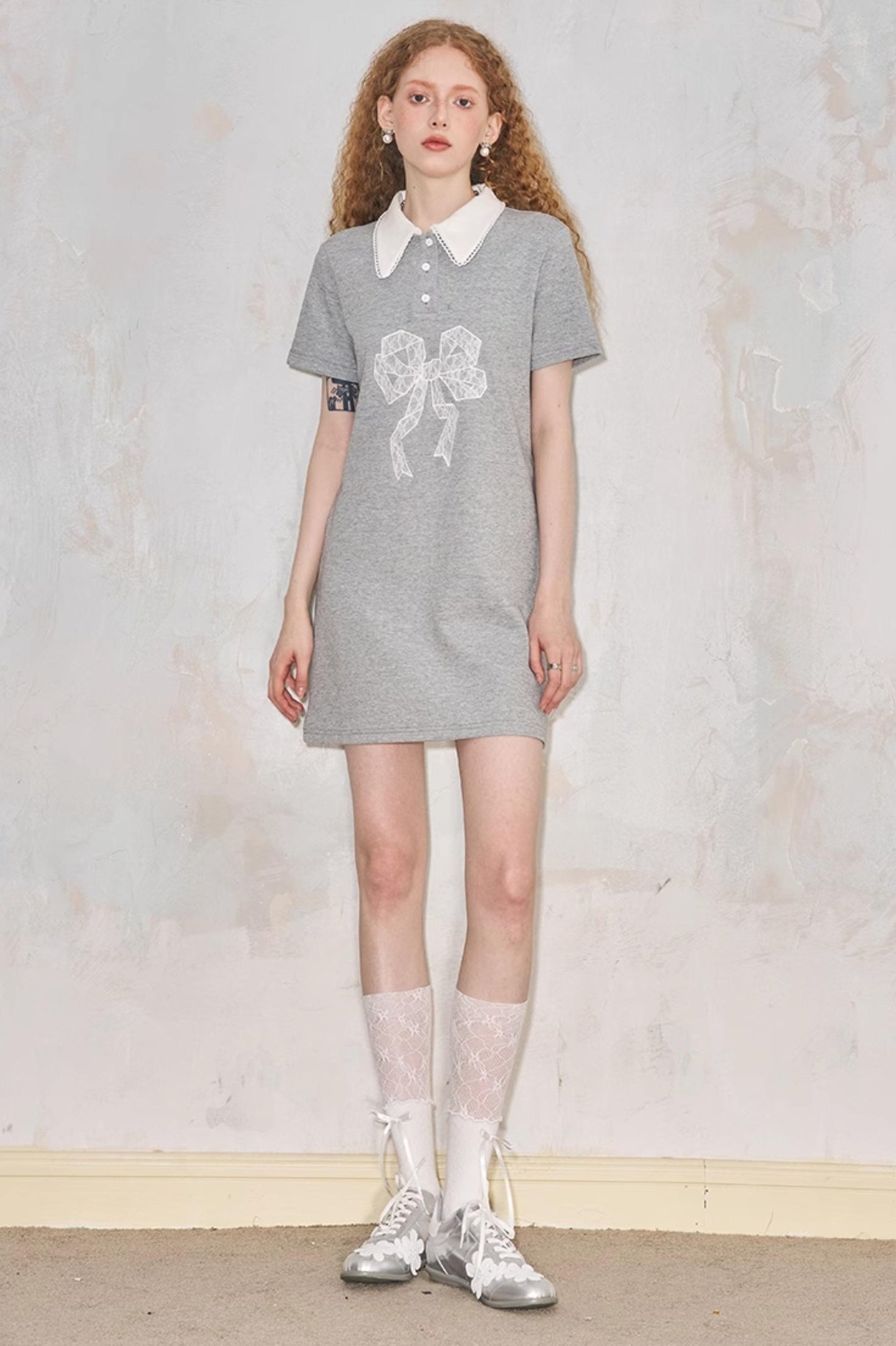 DIDDI MODA Floral Lace Bow Polo Collar Summer Dress