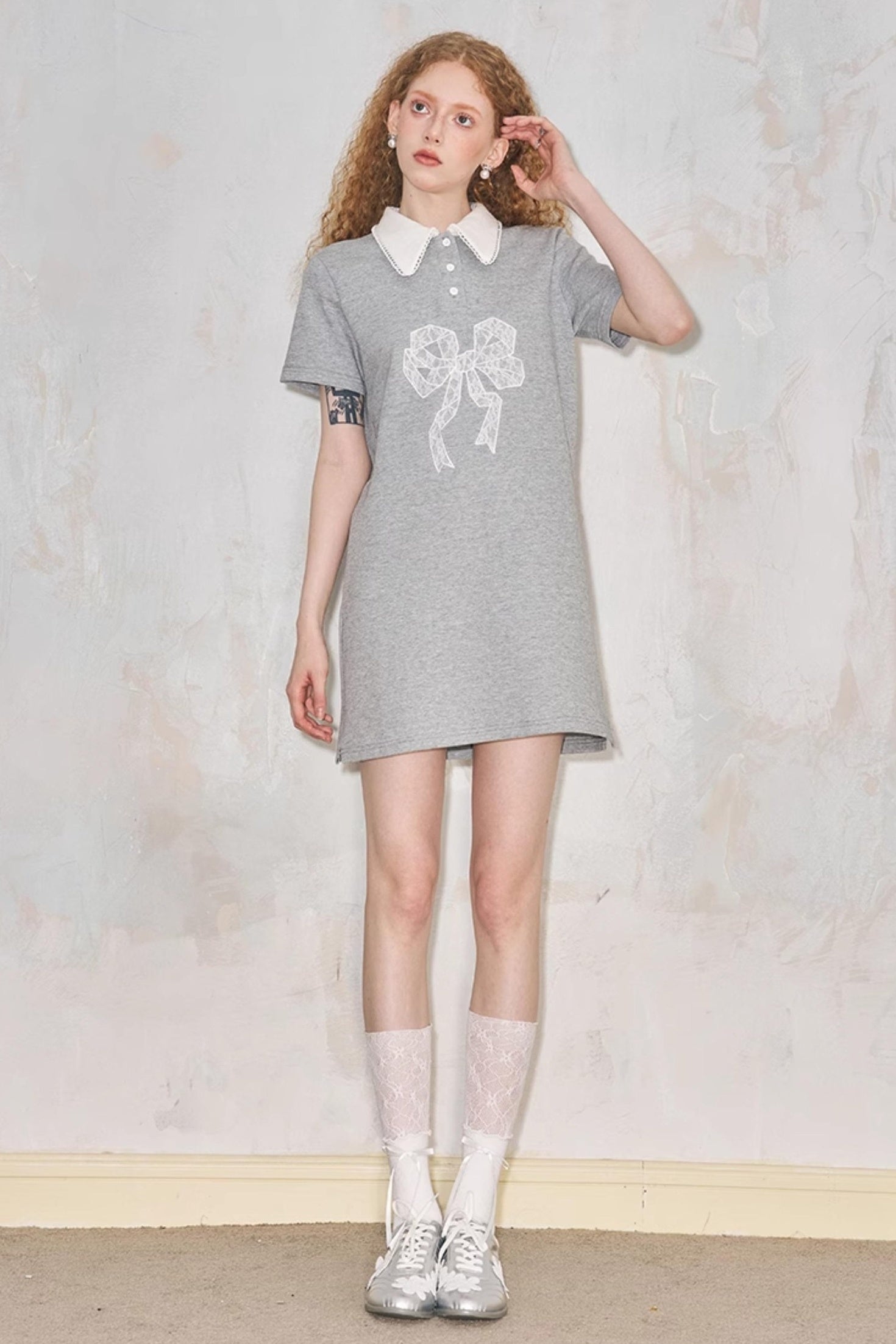 DIDDI MODA Floral Lace Bow Polo Collar Summer Dress