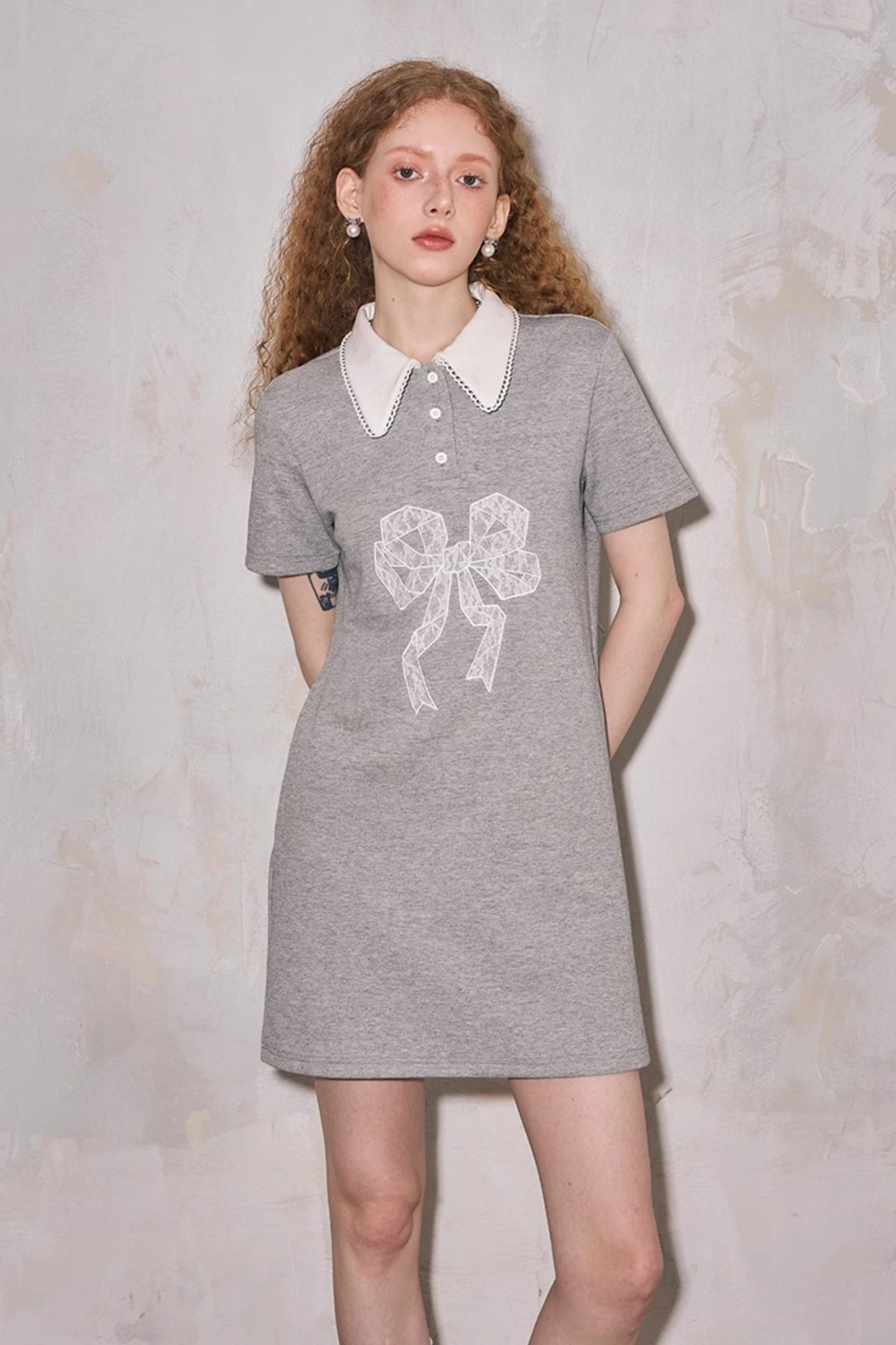 DIDDI MODA Floral Lace Bow Polo Collar Summer Dress