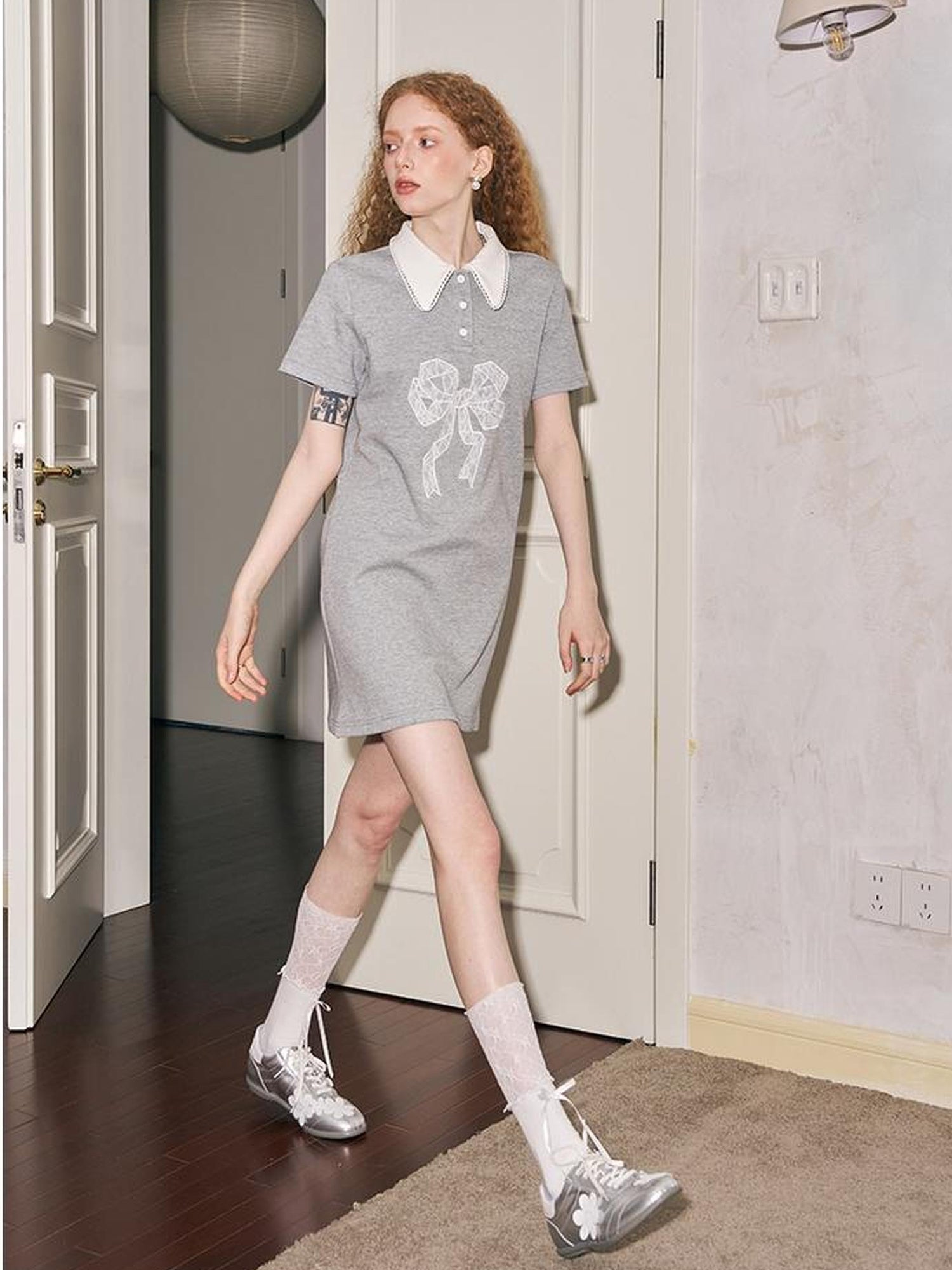 DIDDI MODA Floral Lace Bow Polo Collar Summer Dress