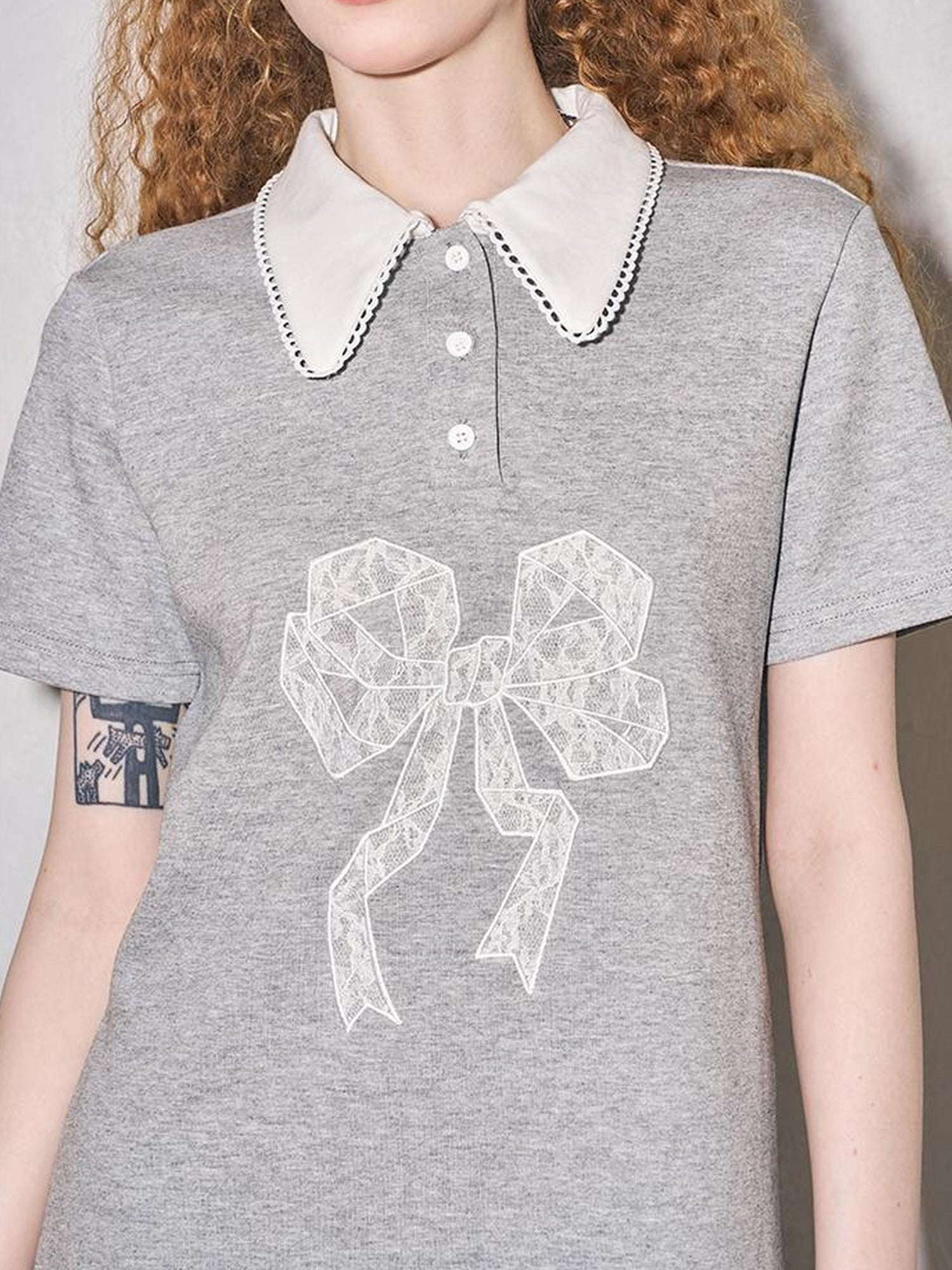 DIDDI MODA Floral Lace Bow Polo Collar Summer Dress