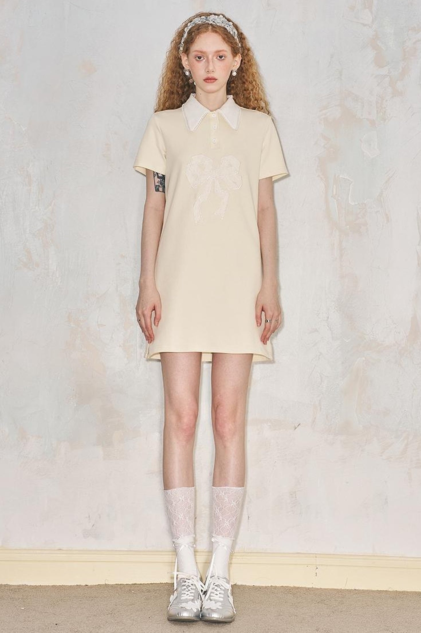 DIDDI MODA Floral Lace Bow Polo Collar Summer Dress