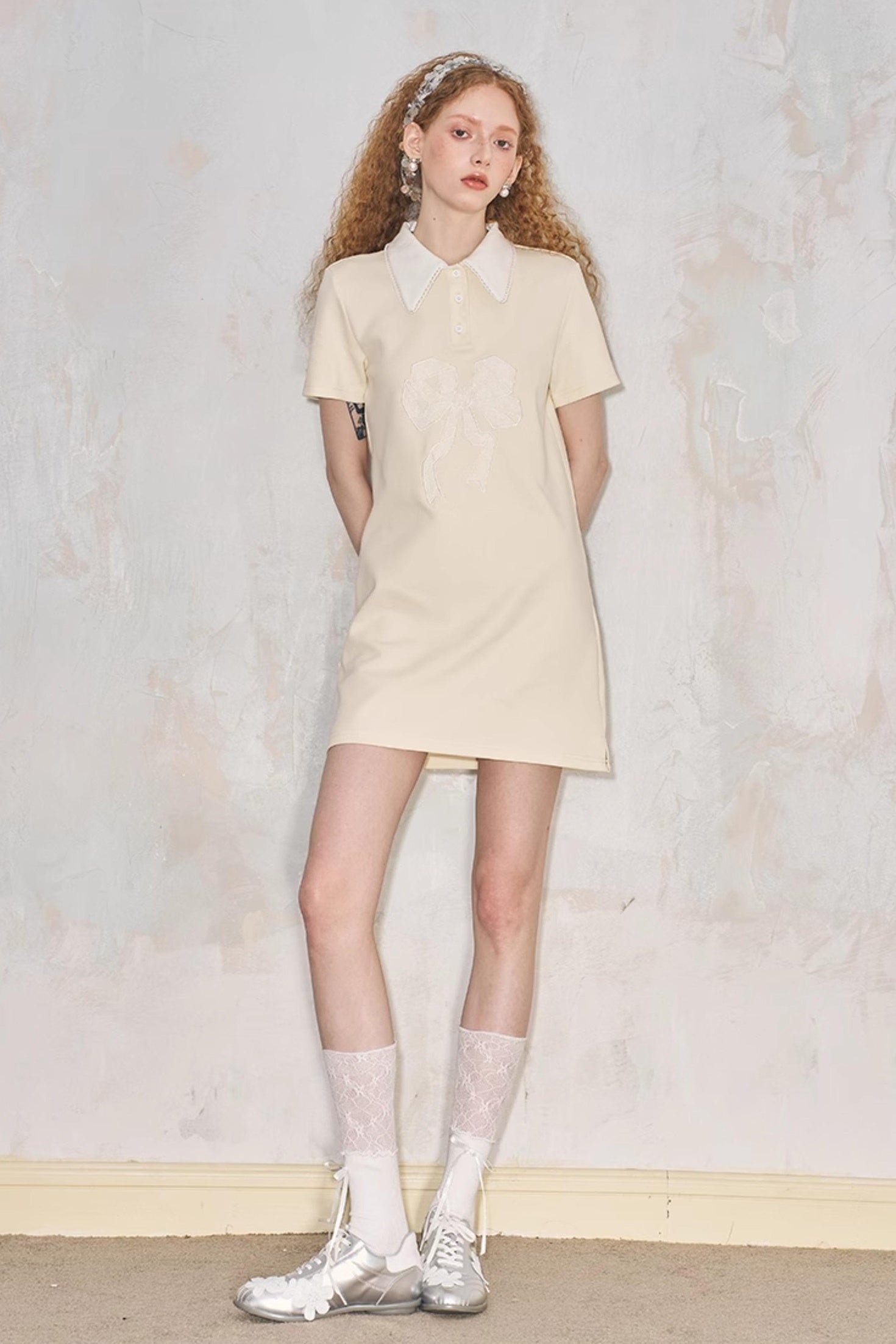 DIDDI MODA Floral Lace Bow Polo Collar Summer Dress