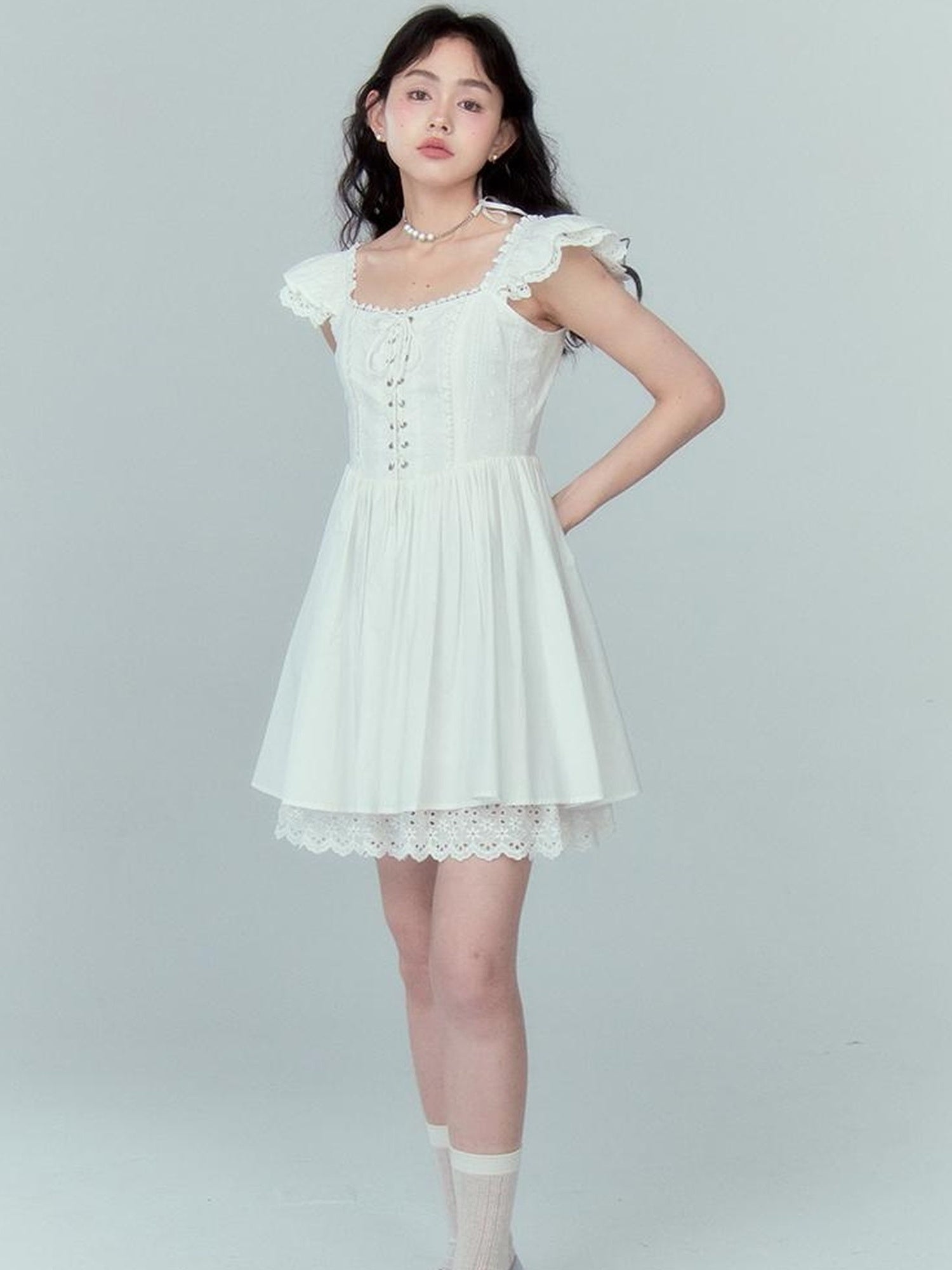 DIDDI MODA Floral Lace Flutter Sleeve A Line Dress