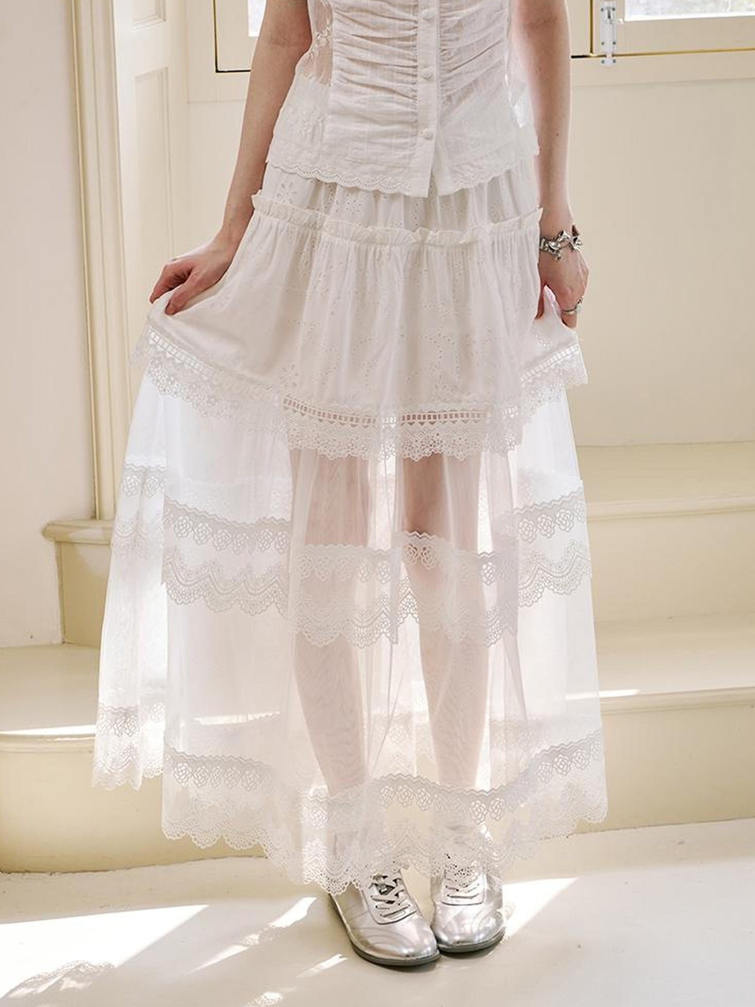 DIDDI MODA Floral Lace Layered Ankle Skirt With Sheer Mesh Trim