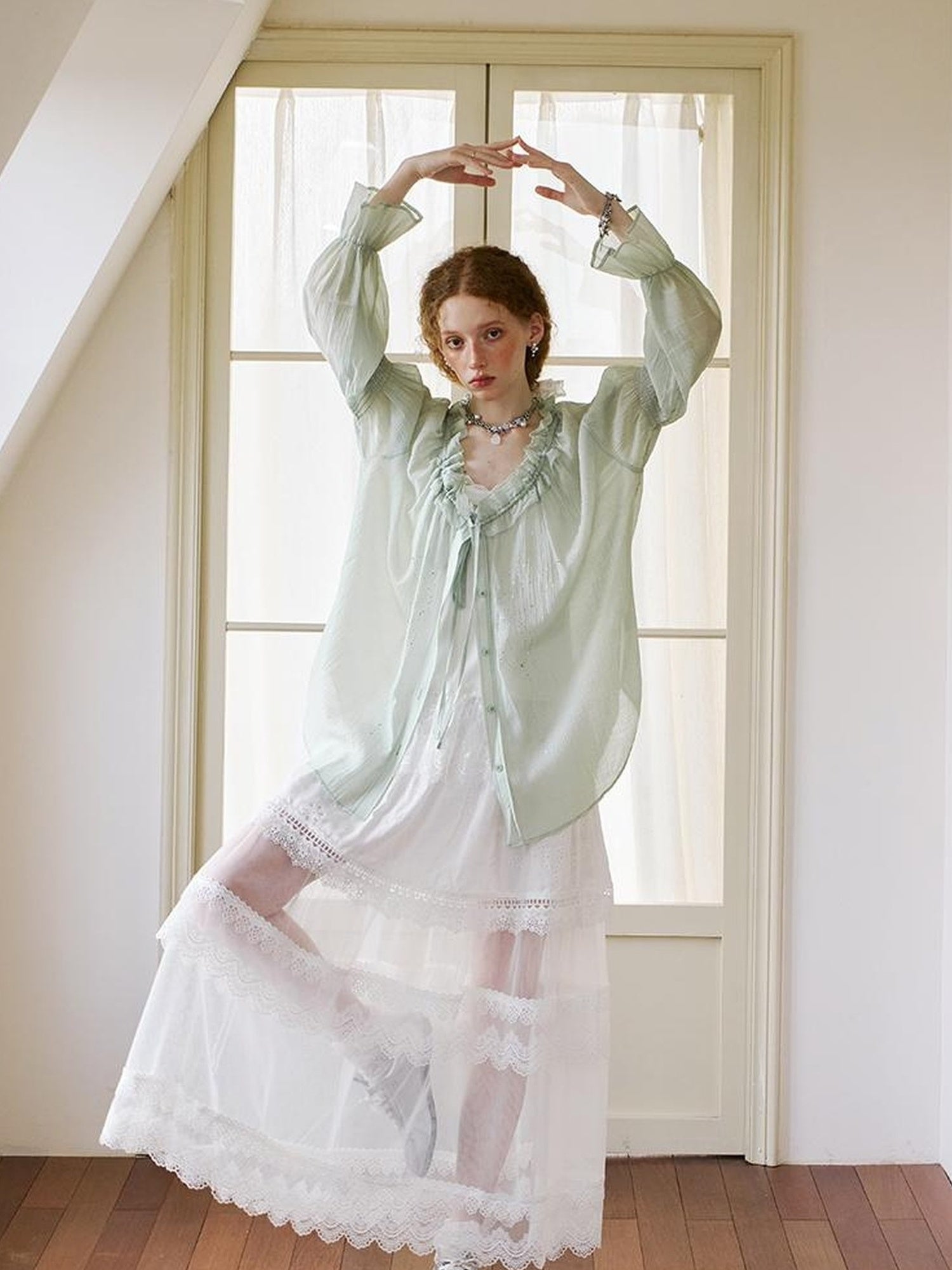 DIDDI MODA Floral Lace Layered Ankle Skirt With Sheer Mesh Trim