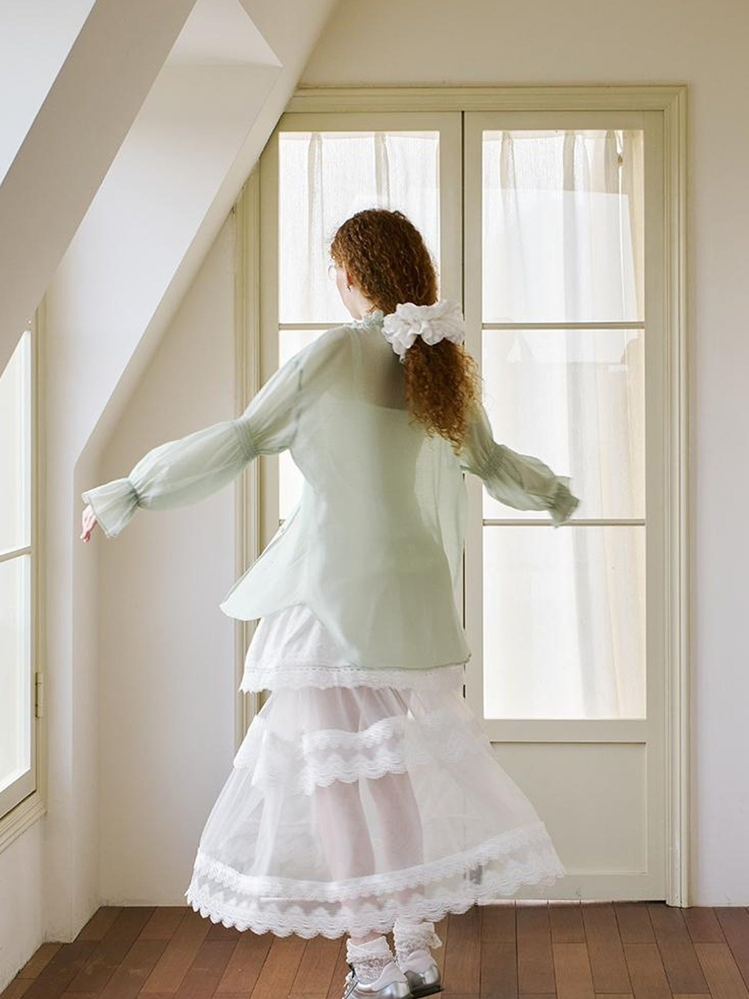 DIDDI MODA Floral Lace Layered Ankle Skirt With Sheer Mesh Trim