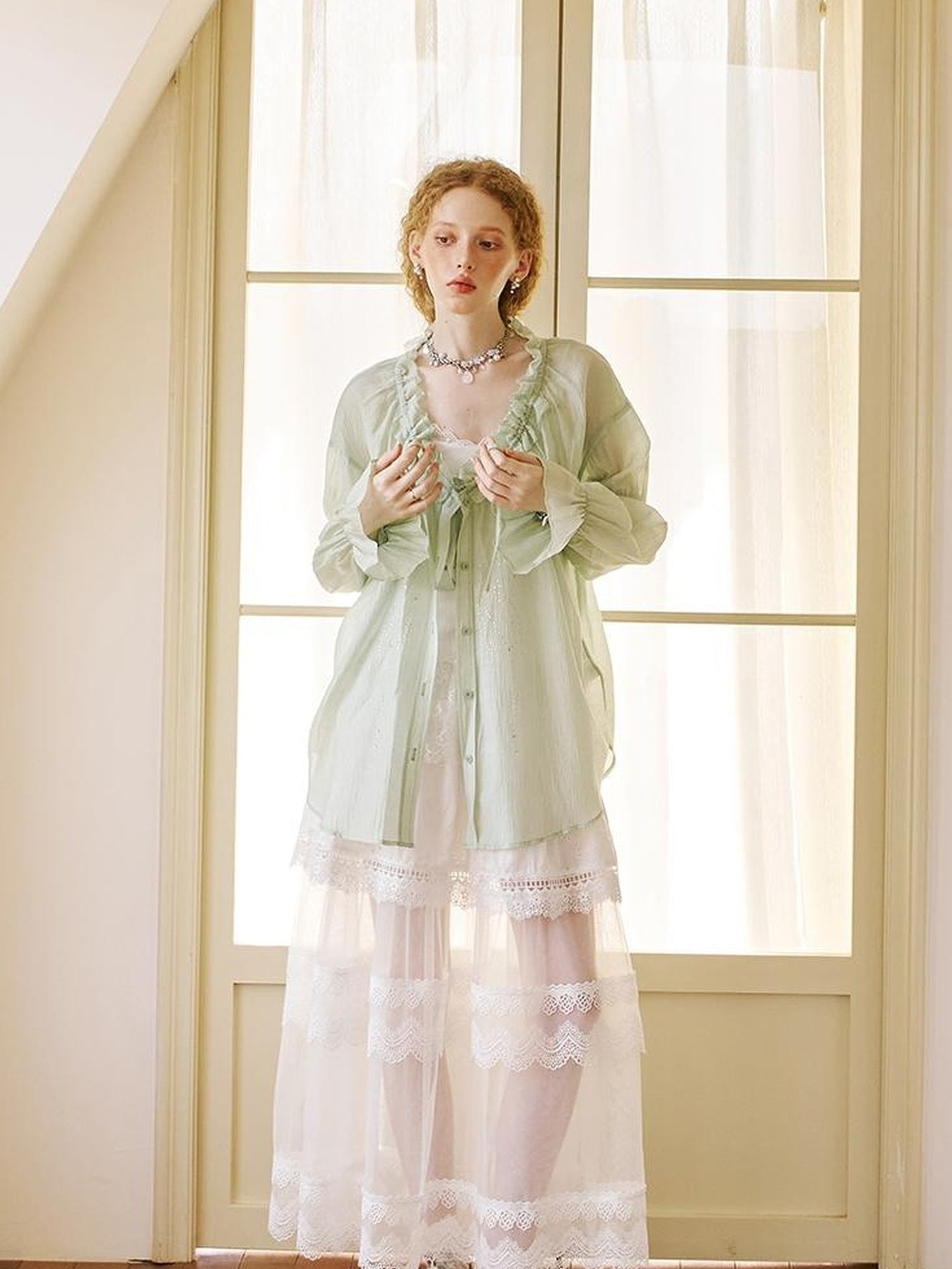 DIDDI MODA Floral Lace Layered Ankle Skirt With Sheer Mesh Trim