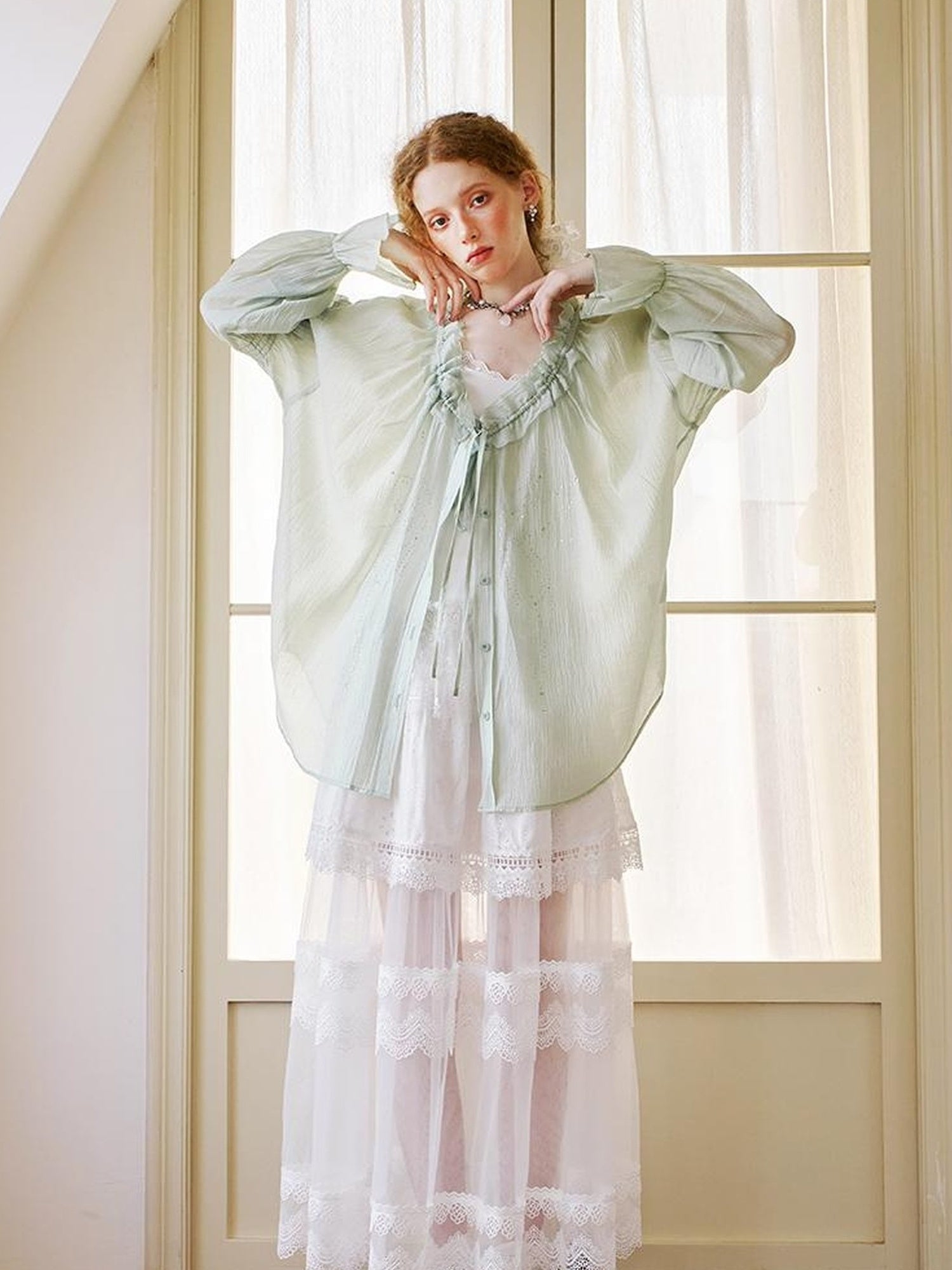 DIDDI MODA Floral Lace Layered Ankle Skirt With Sheer Mesh Trim