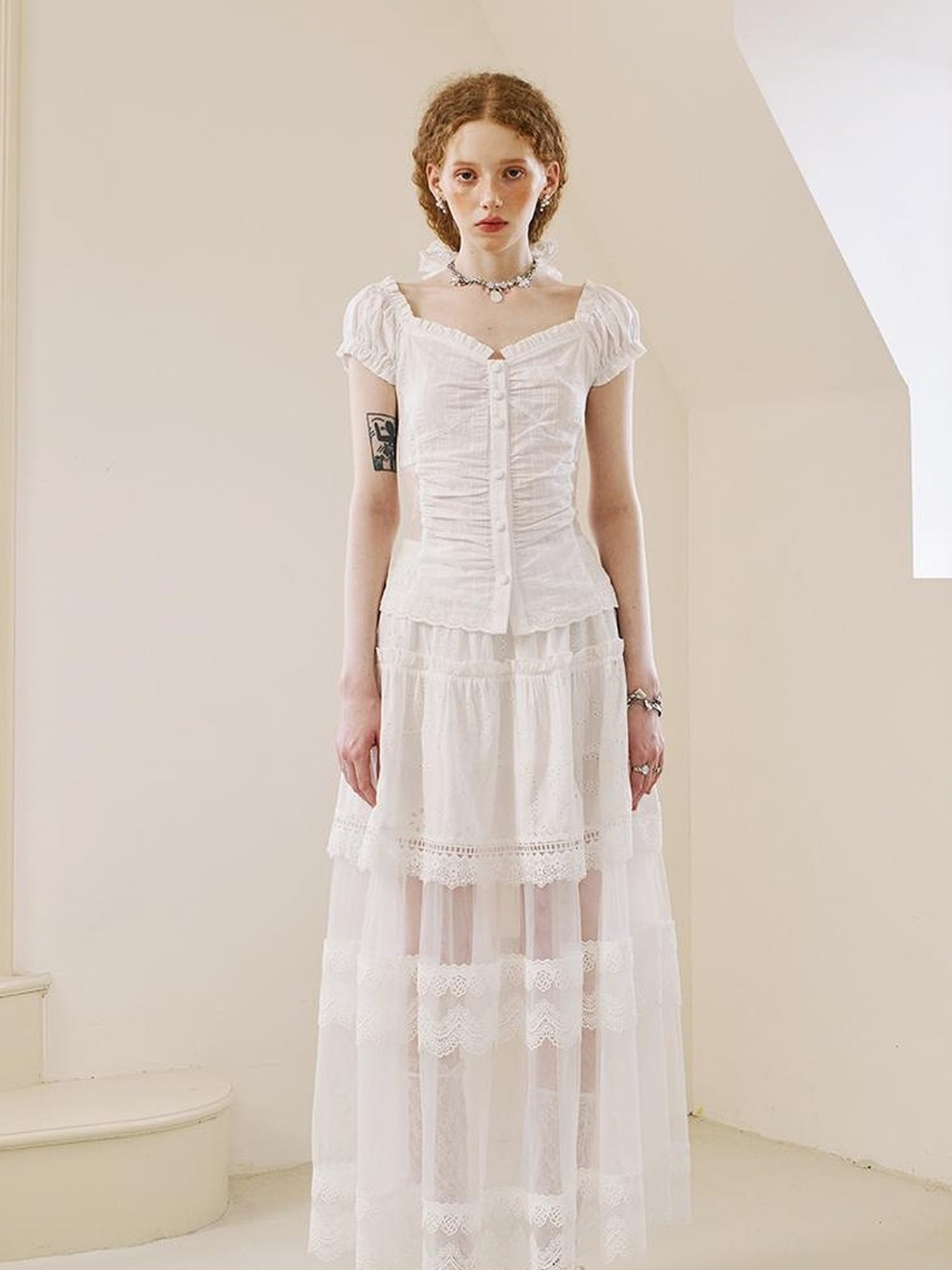 DIDDI MODA Floral Lace Layered Ankle Skirt With Sheer Mesh Trim