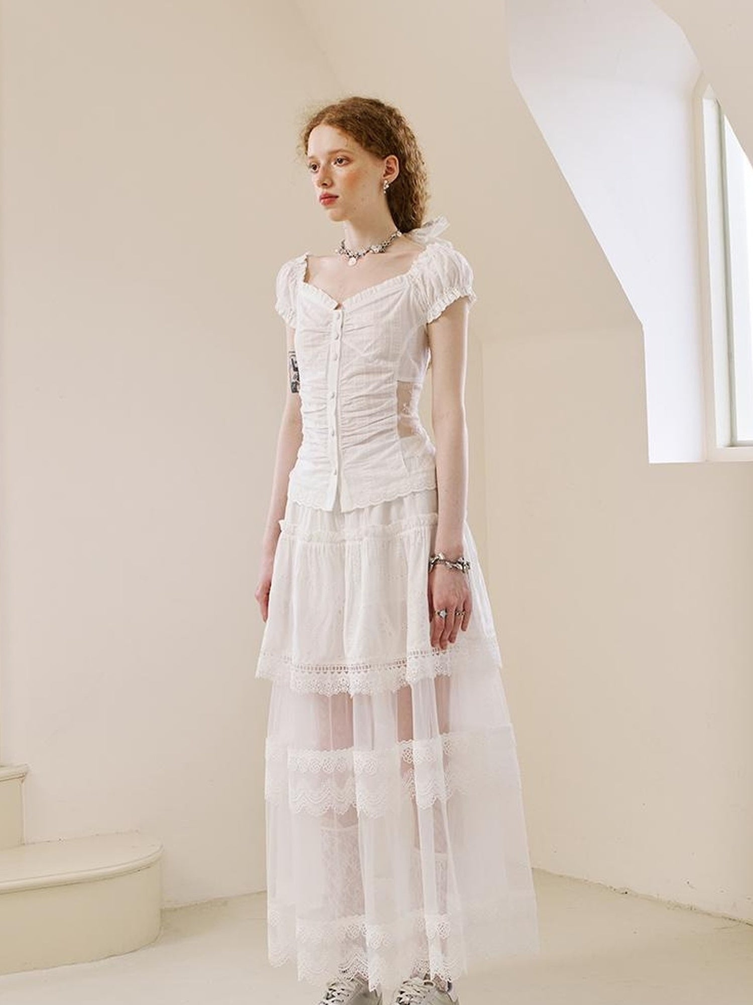 DIDDI MODA Floral Lace Layered Ankle Skirt With Sheer Mesh Trim