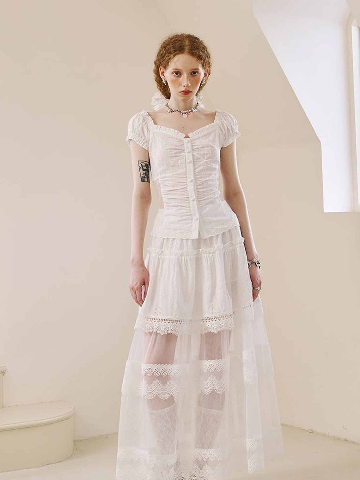 DIDDI MODA Floral Lace Layered Ankle Skirt With Sheer Mesh Trim
