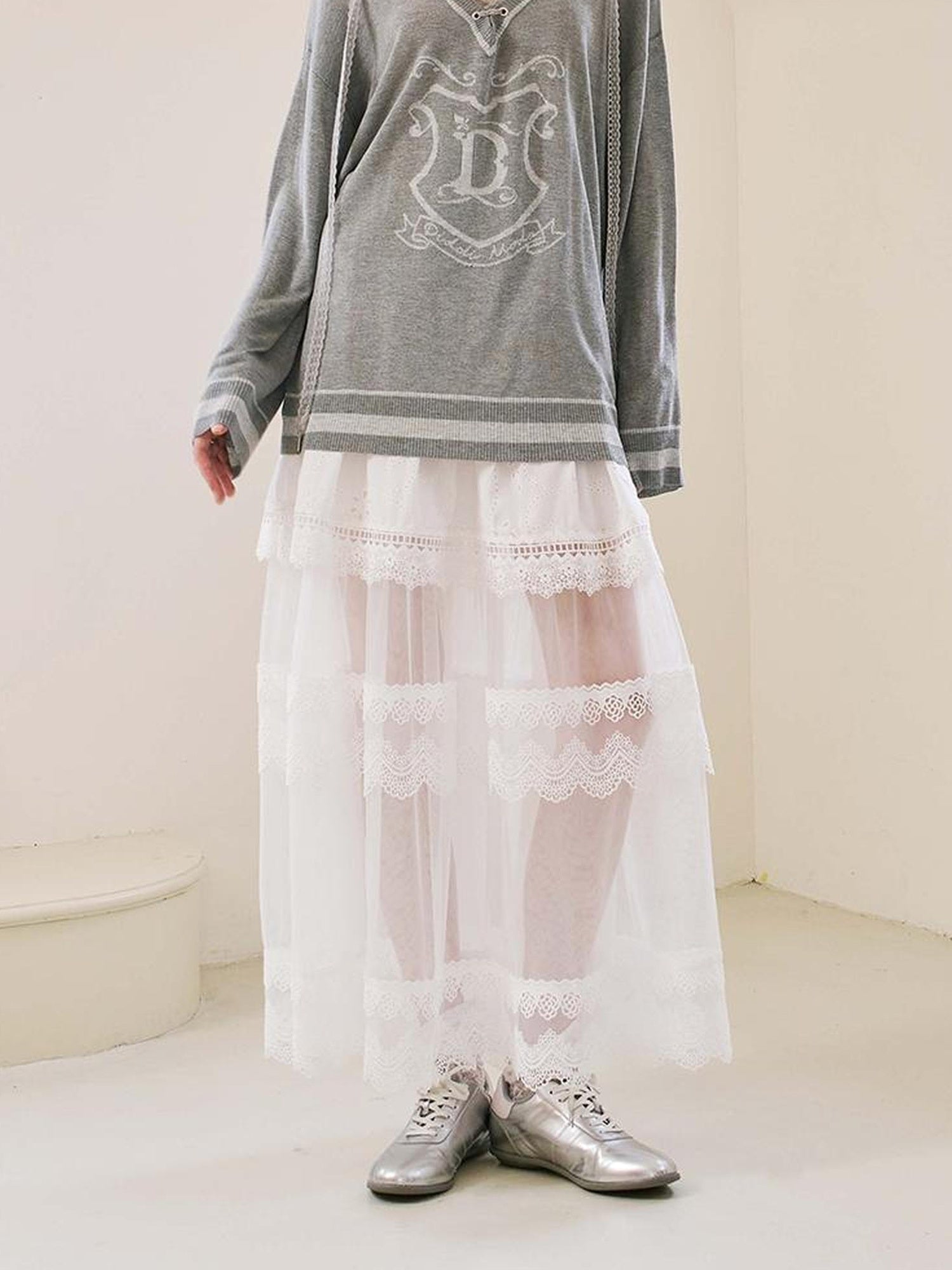 DIDDI MODA Floral Lace Layered Ankle Skirt With Sheer Mesh Trim