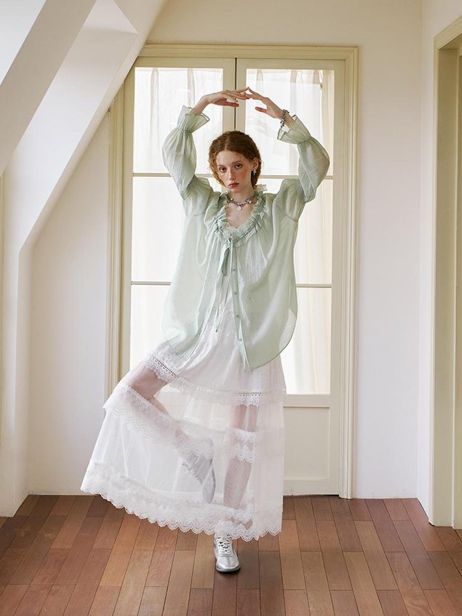 DIDDI MODA Floral Lace Layered Ankle Skirt With Sheer Mesh Trim