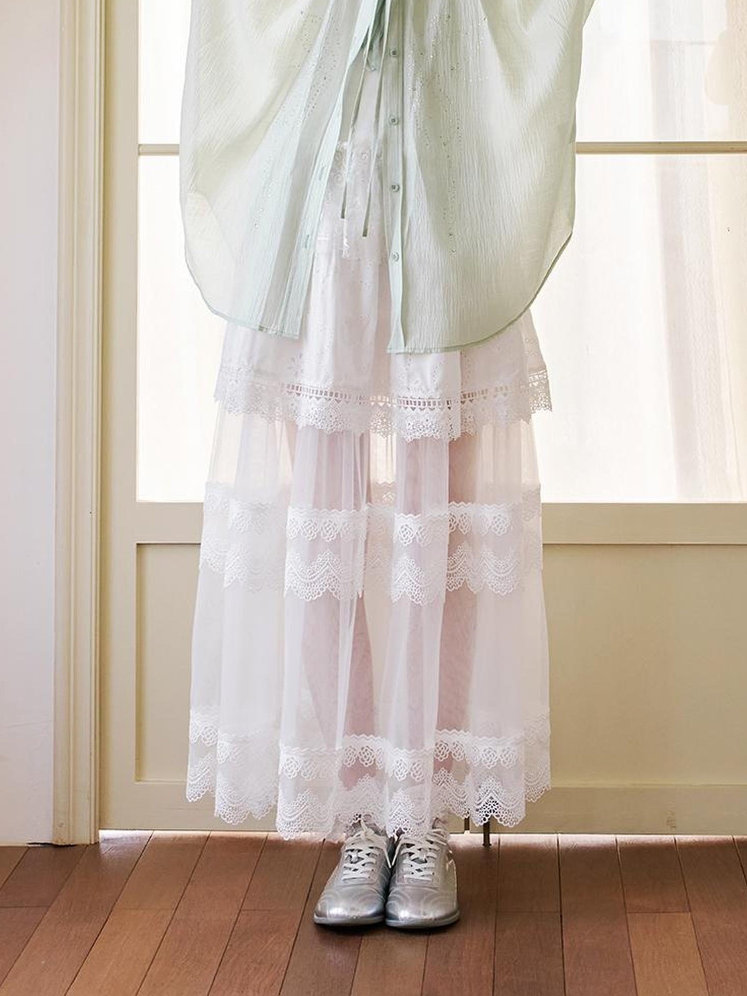 DIDDI MODA Floral Lace Layered Ankle Skirt With Sheer Mesh Trim