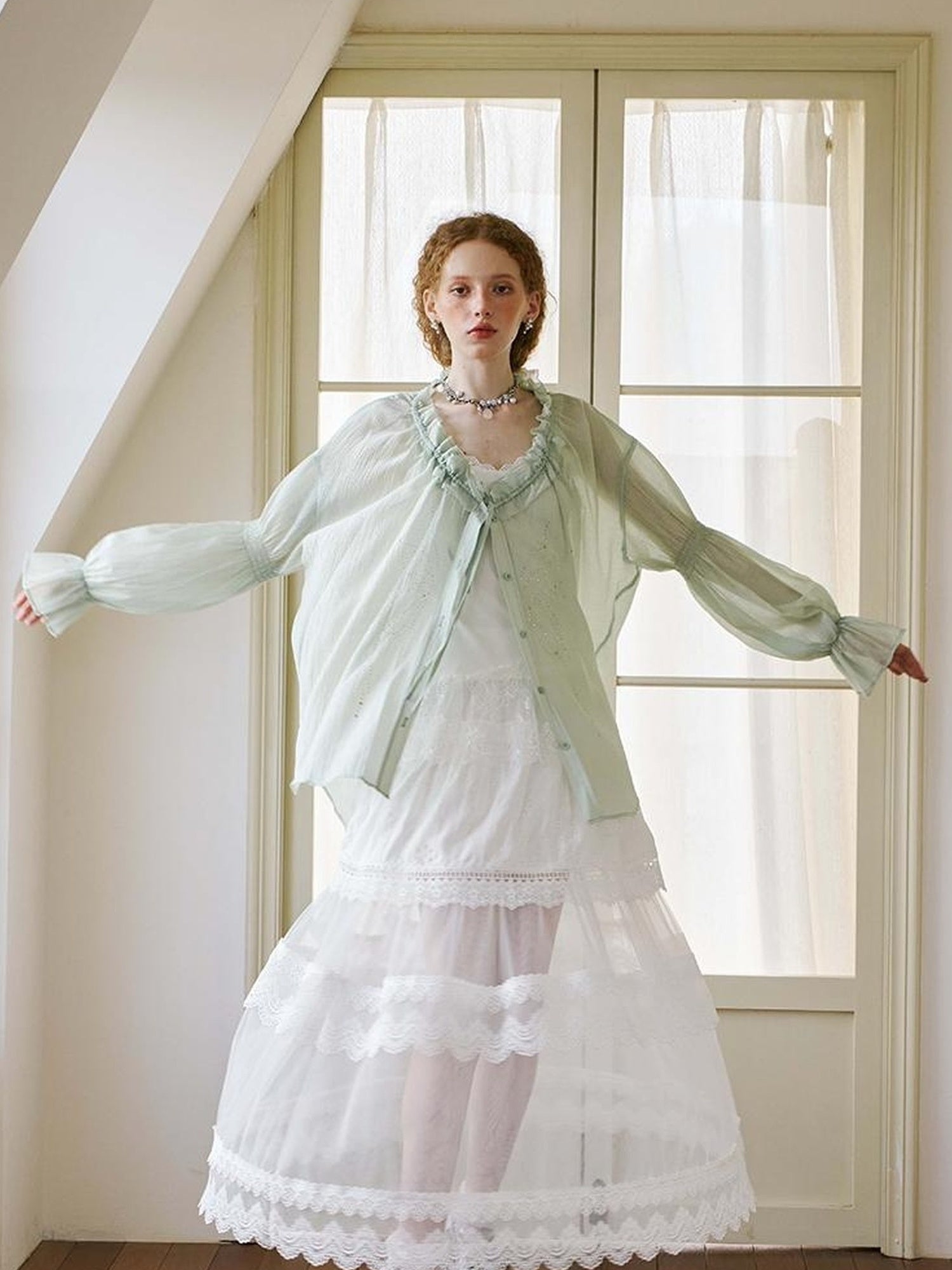 DIDDI MODA Floral Lace Layered Ankle Skirt With Sheer Mesh Trim