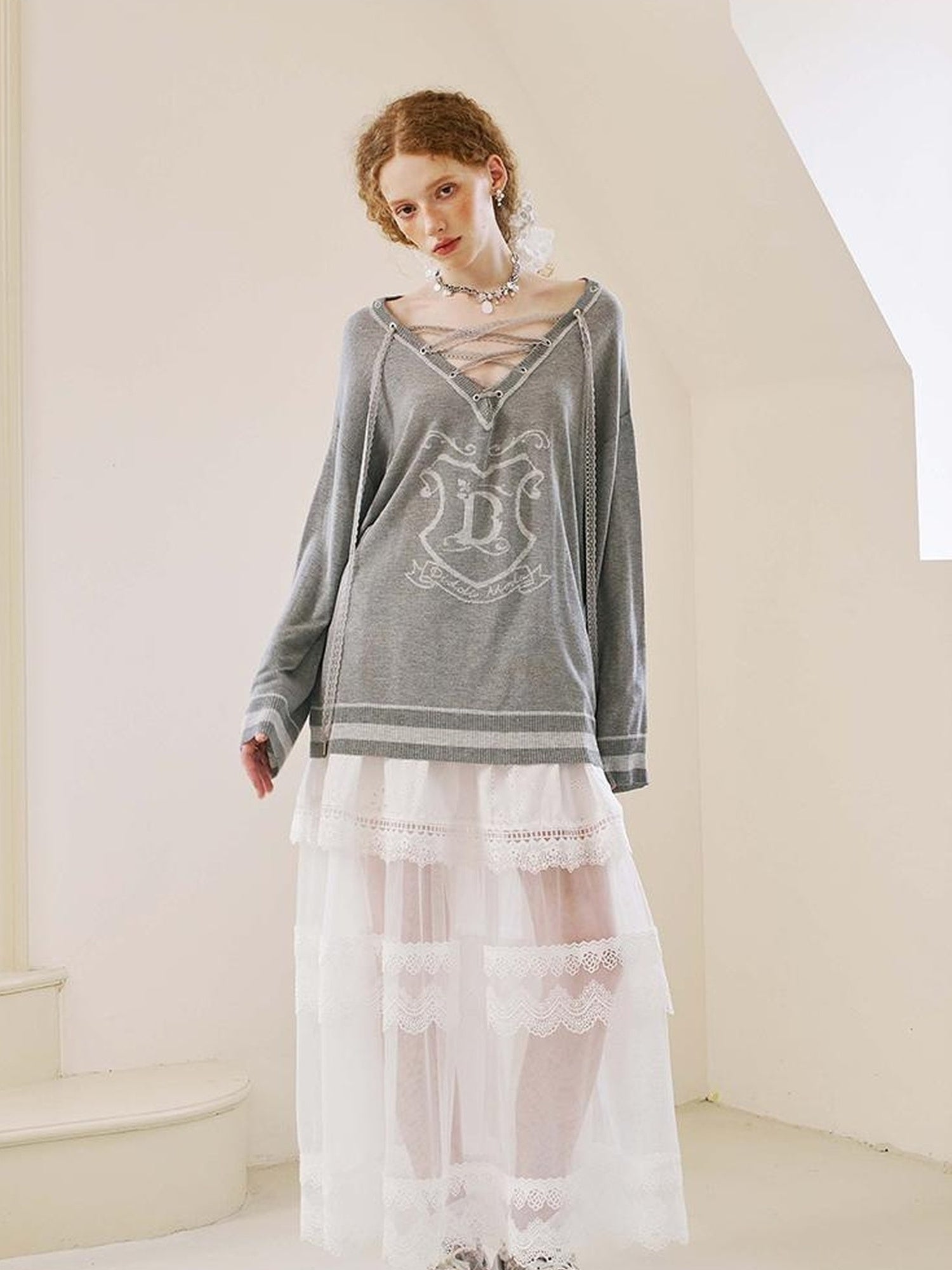 DIDDI MODA Floral Lace Layered Ankle Skirt With Sheer Mesh Trim