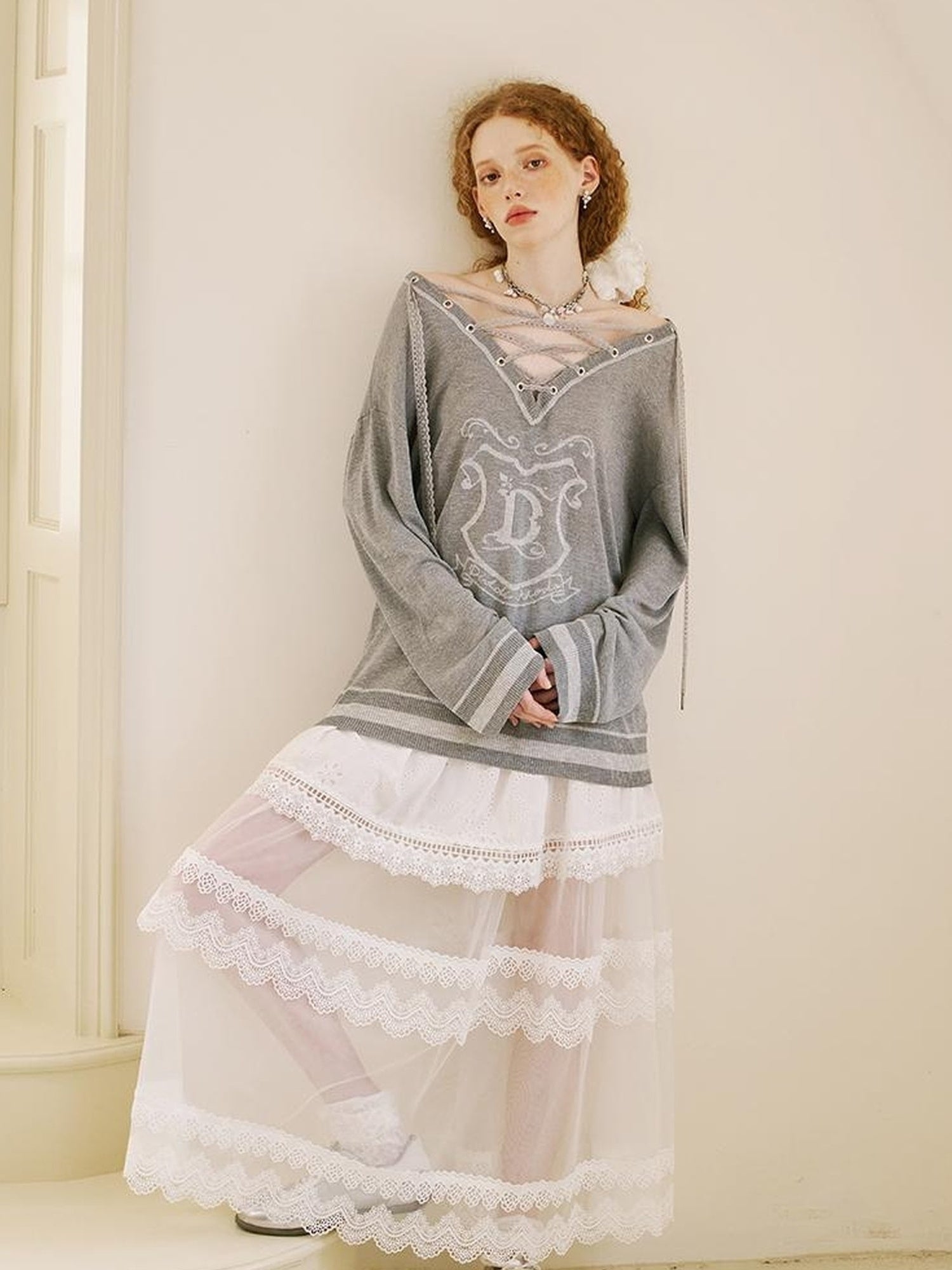 DIDDI MODA Floral Lace Layered Ankle Skirt With Sheer Mesh Trim