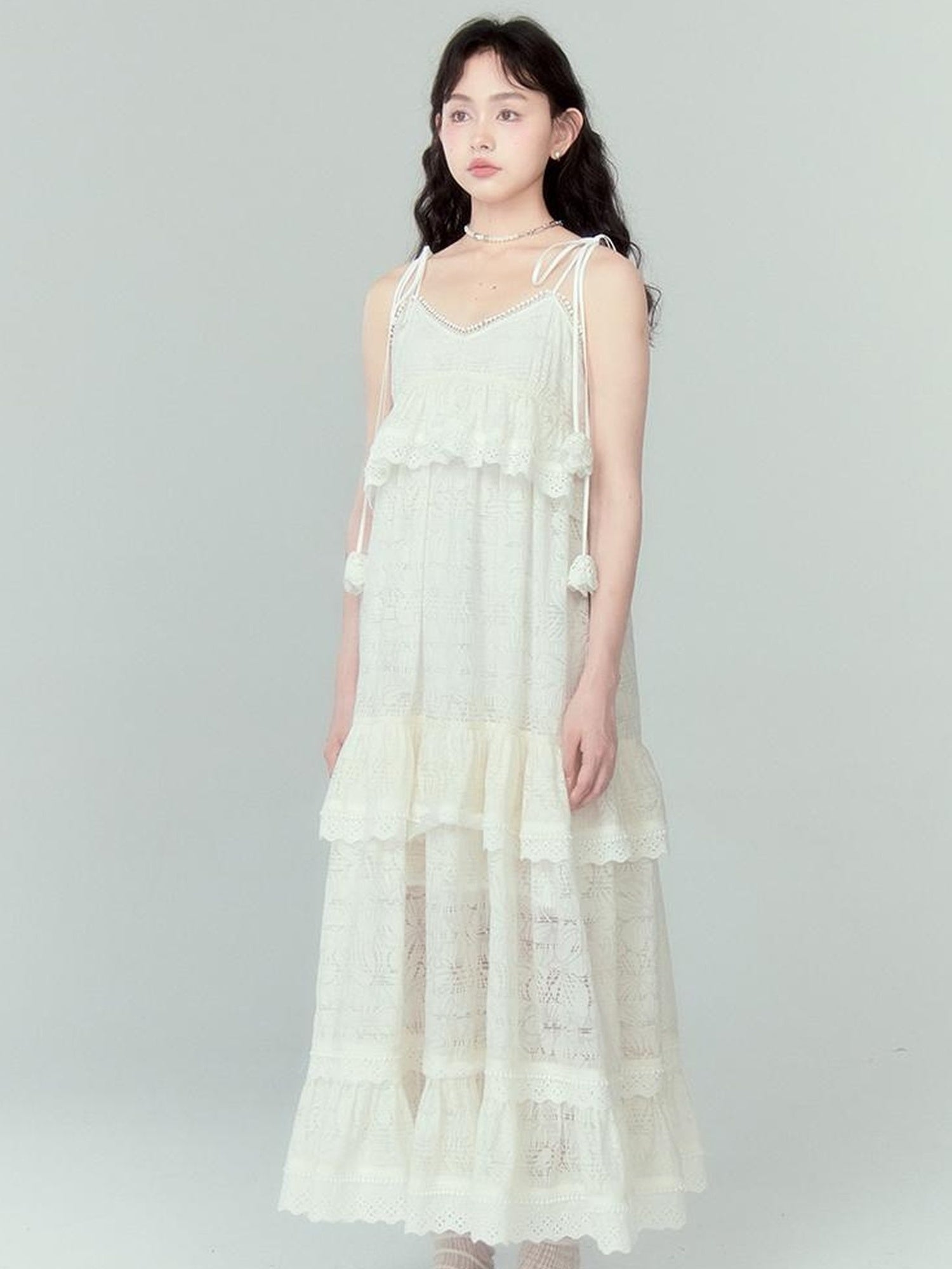 DIDDI MODA Floral Lace Tiered Bell Dress For Vacation