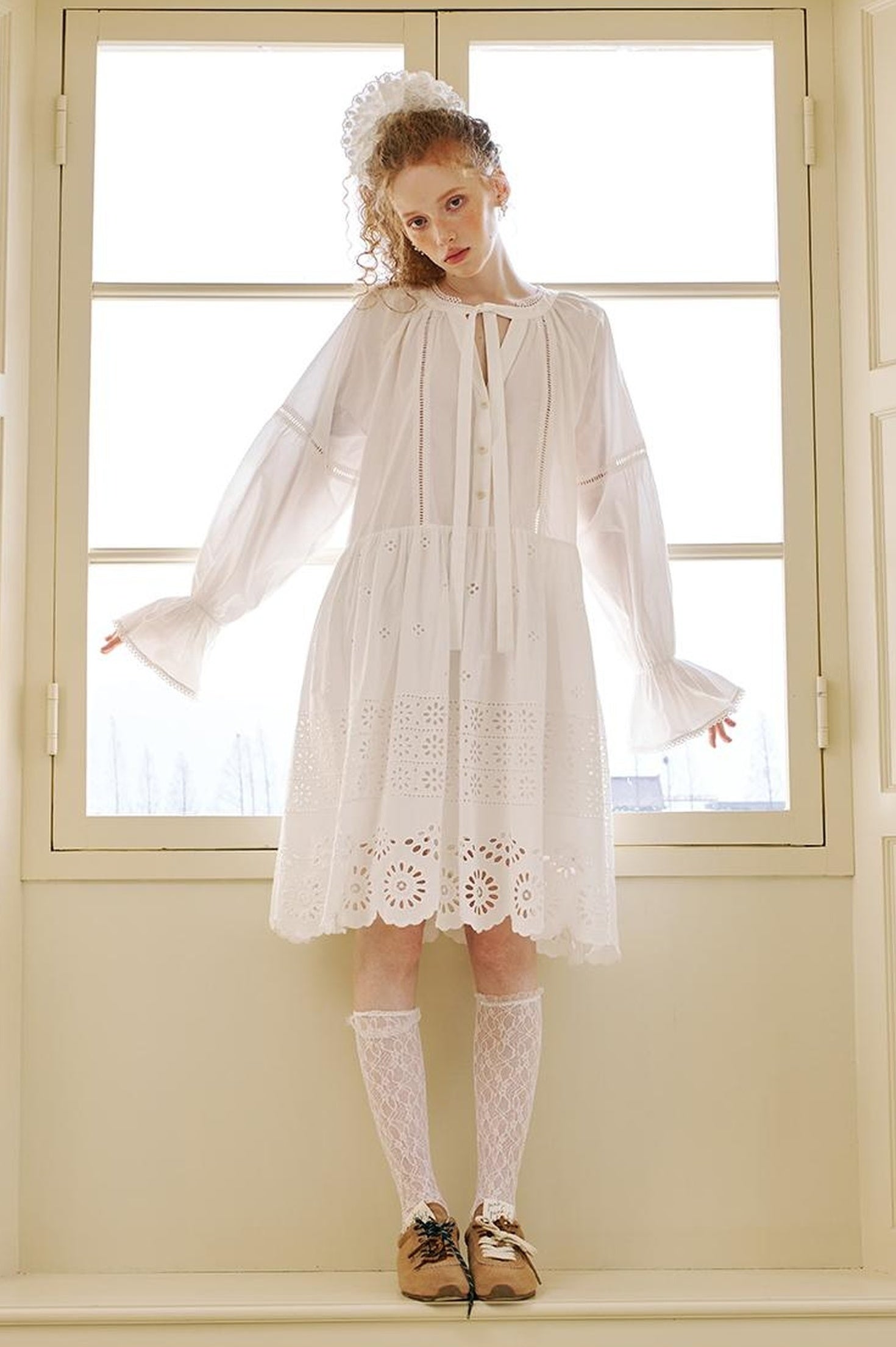 DIDDI MODA Floral Lace Trim Embroidered Shirt Dress