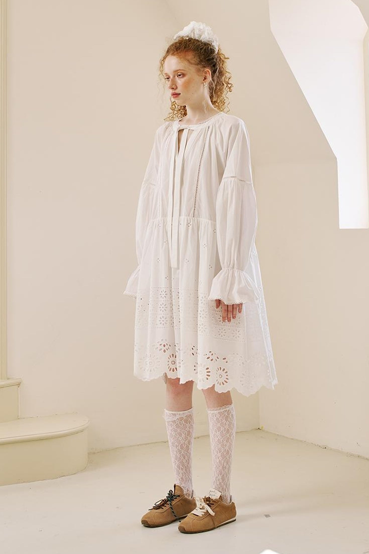 DIDDI MODA Floral Lace Trim Embroidered Shirt Dress