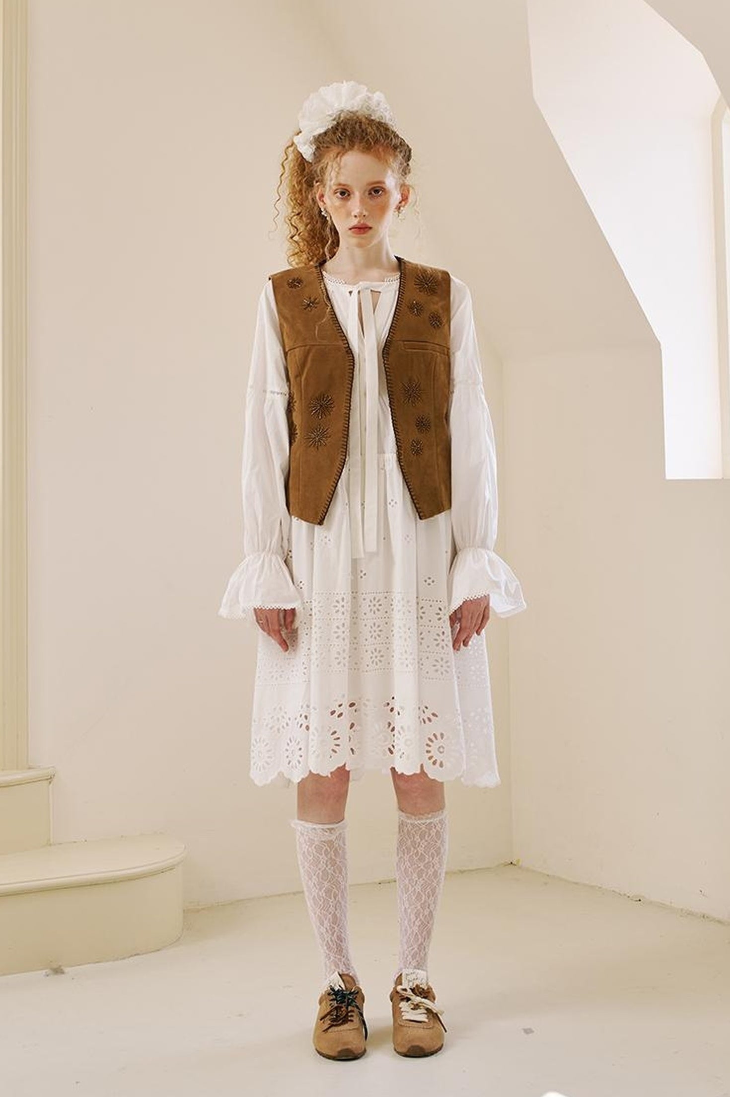 DIDDI MODA Floral Lace Trim Embroidered Shirt Dress