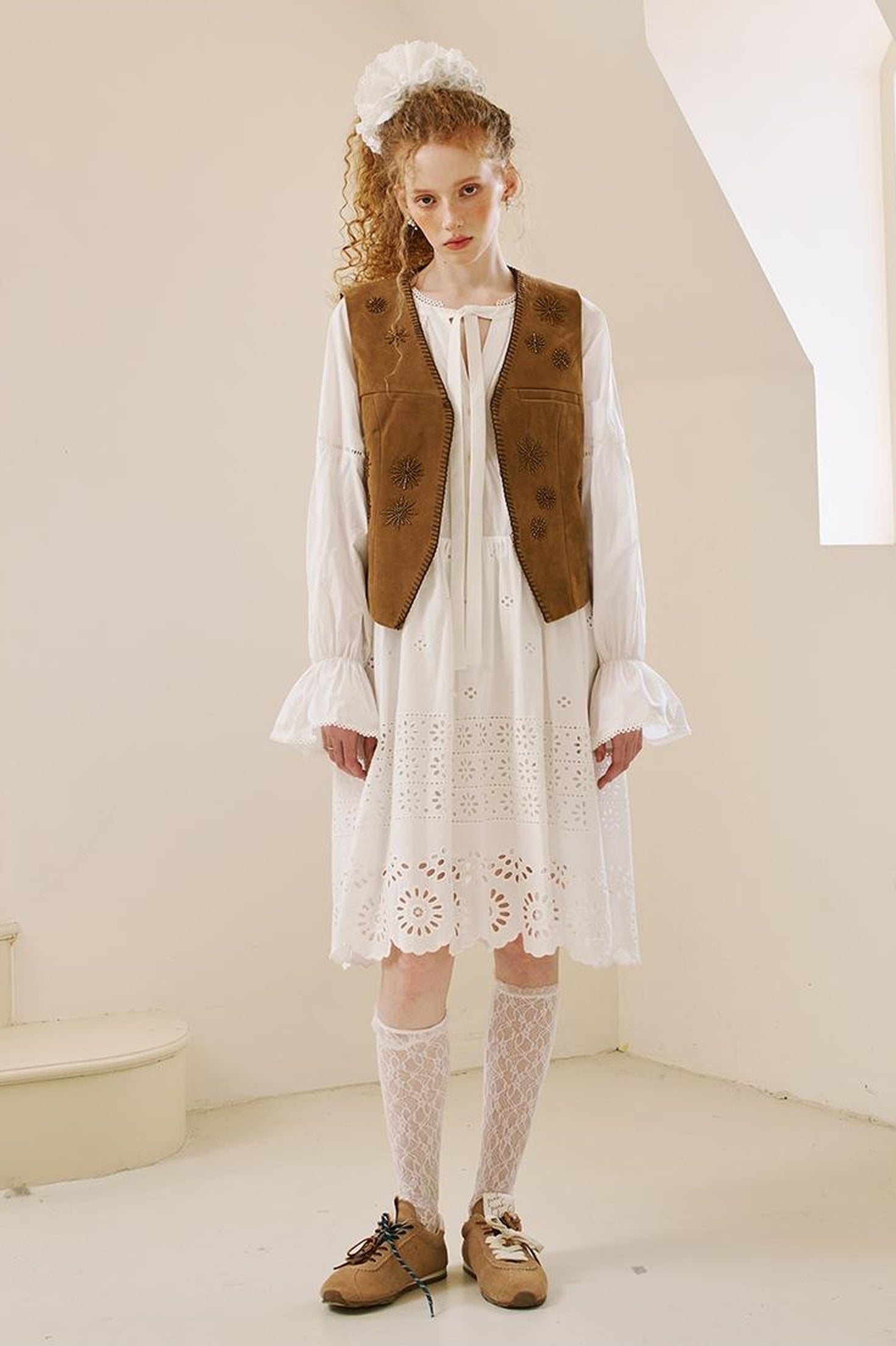 DIDDI MODA Floral Lace Trim Embroidered Shirt Dress