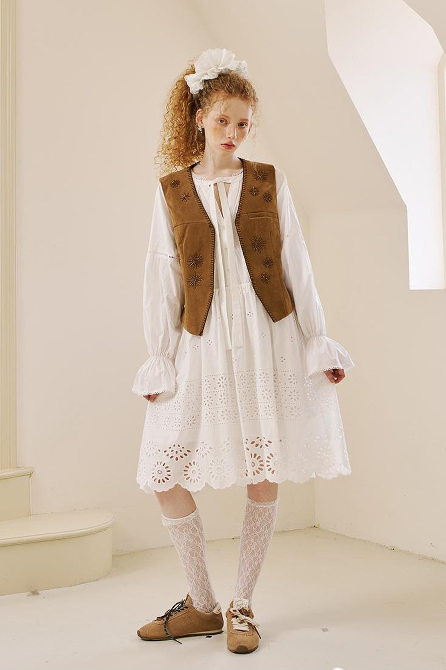 DIDDI MODA Floral Lace Trim Embroidered Shirt Dress
