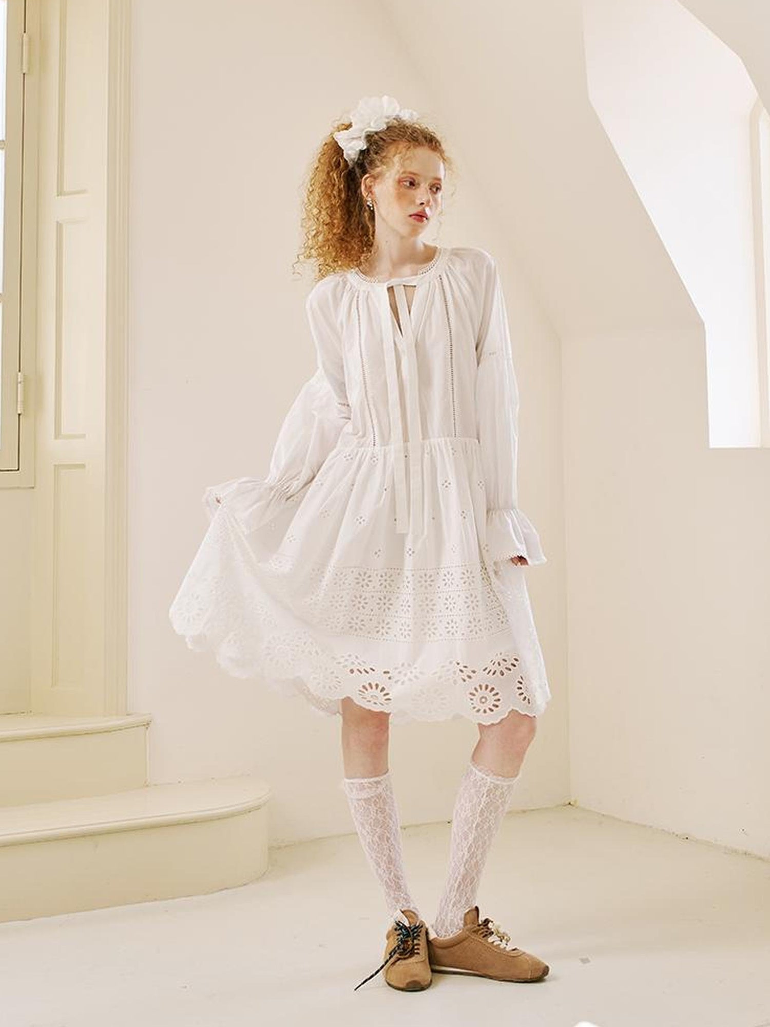 DIDDI MODA Floral Lace Trim Embroidered Shirt Dress