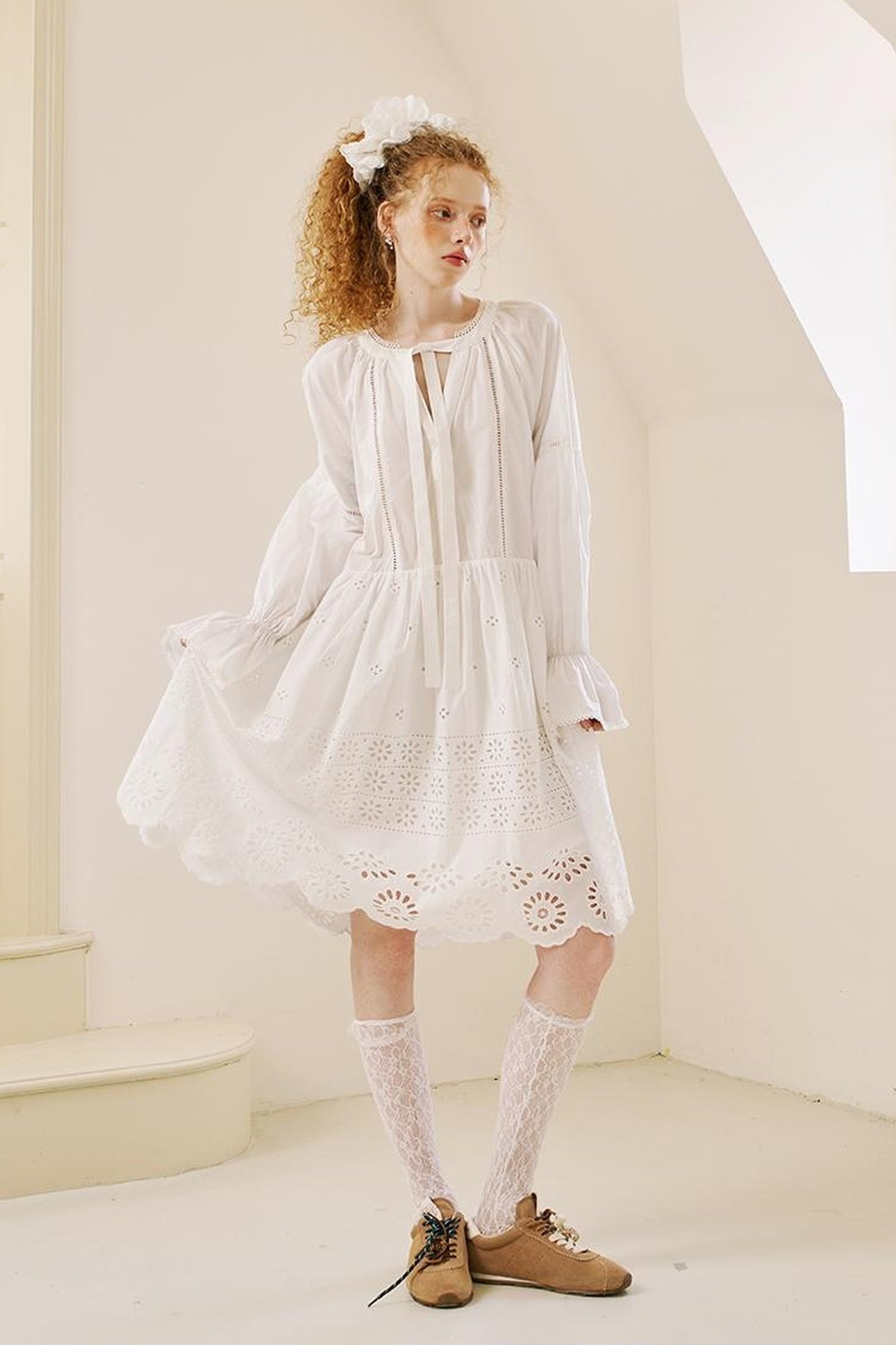 DIDDI MODA Floral Lace Trim Embroidered Shirt Dress
